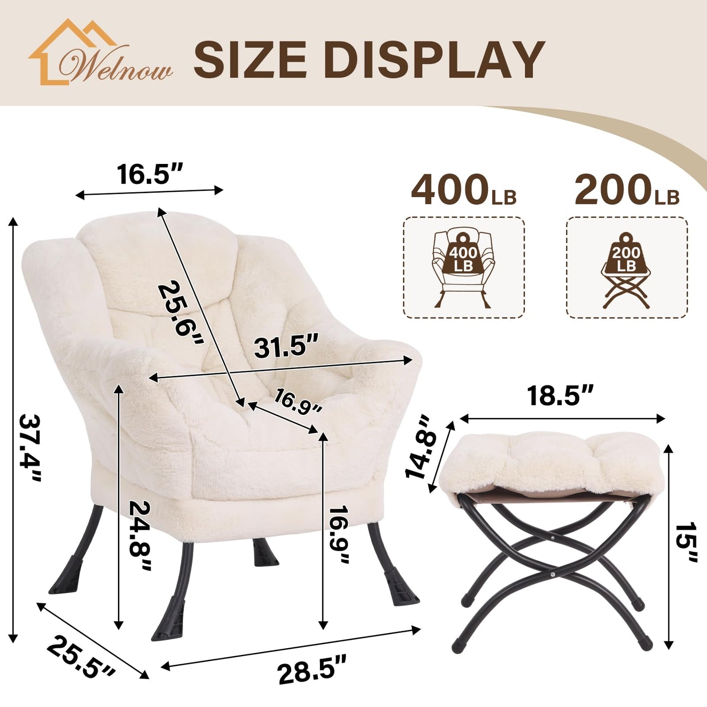 Welnow Lazy Chair with Ottoman, Modern Accent Chair with Armrests and a Side Pocket, Leisure Sofa Armchair, Reading Armchair with Footrest for Small Space, Plush Beige