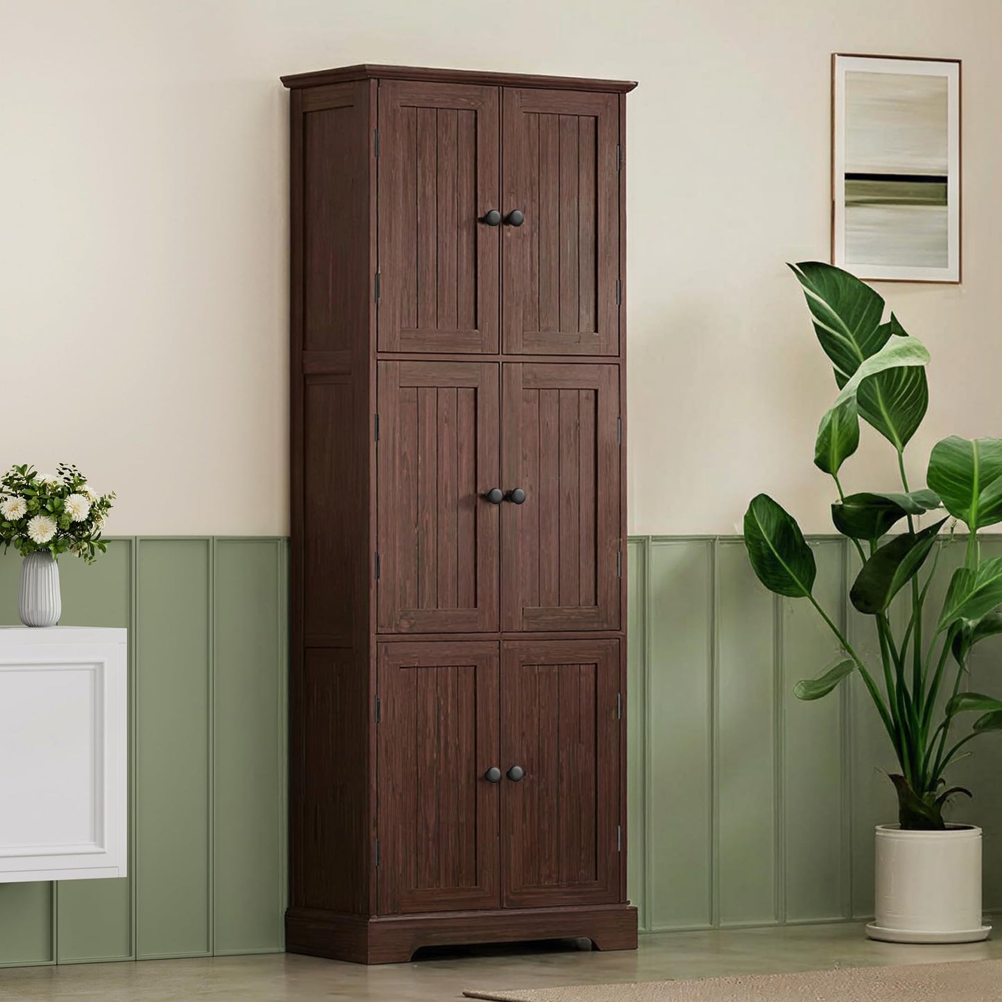 ChooChoo Tall Bathroom Storage Cabinet with 6 Doors, Freestanding Floor Cabinet with Adjustable Shelves, Rustic Walnut Pantry Cabinet for Bathroom, Kitchen, Laundry Room