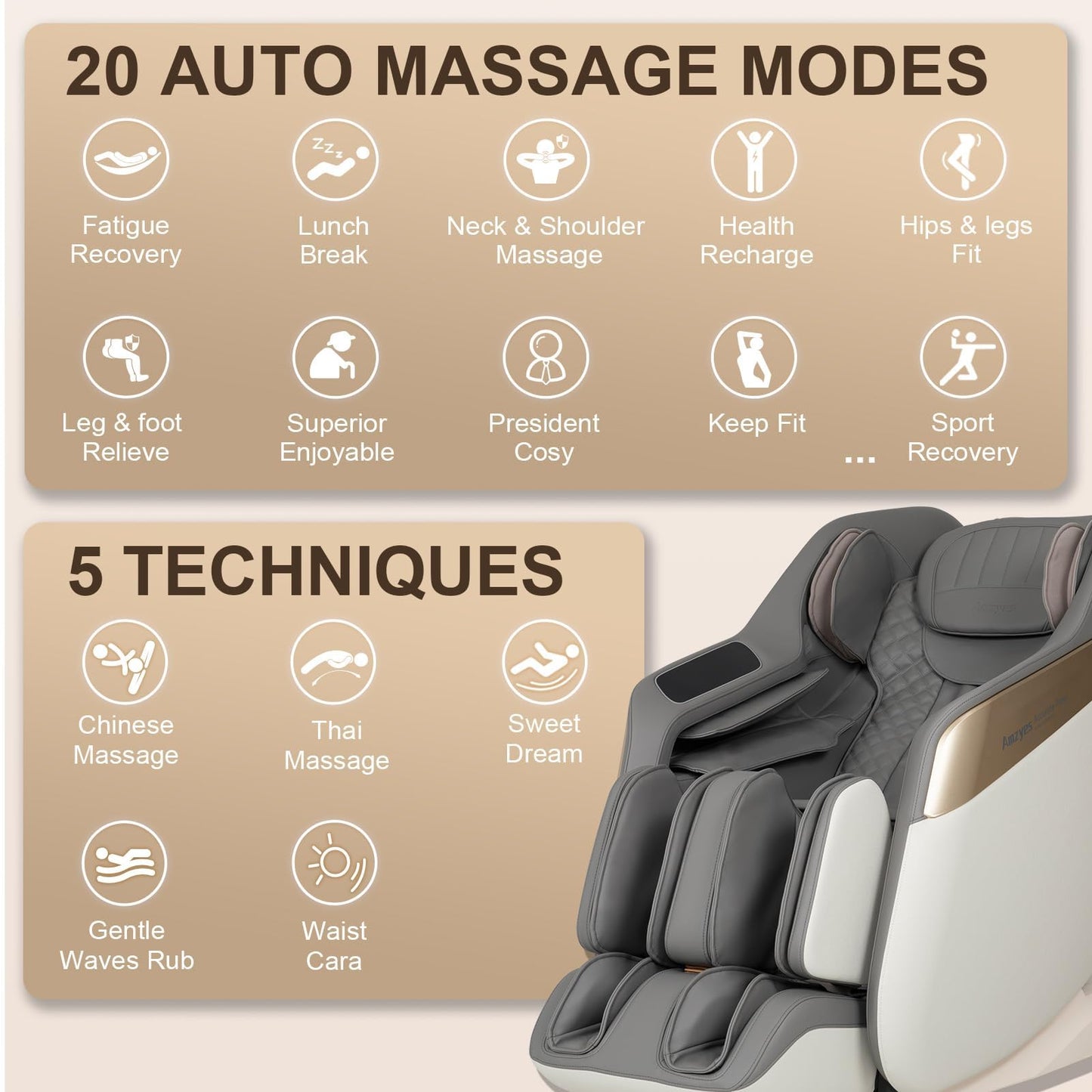 Amzyes 4D Massage Chair Full Body, 20 Modes Zero Gravity Massage Chair with 53.15 Inches SL Track, Foot Massage, Neck and Shoulder Massage, Shiatsu, Bluetooth Speaker, Home, Grey