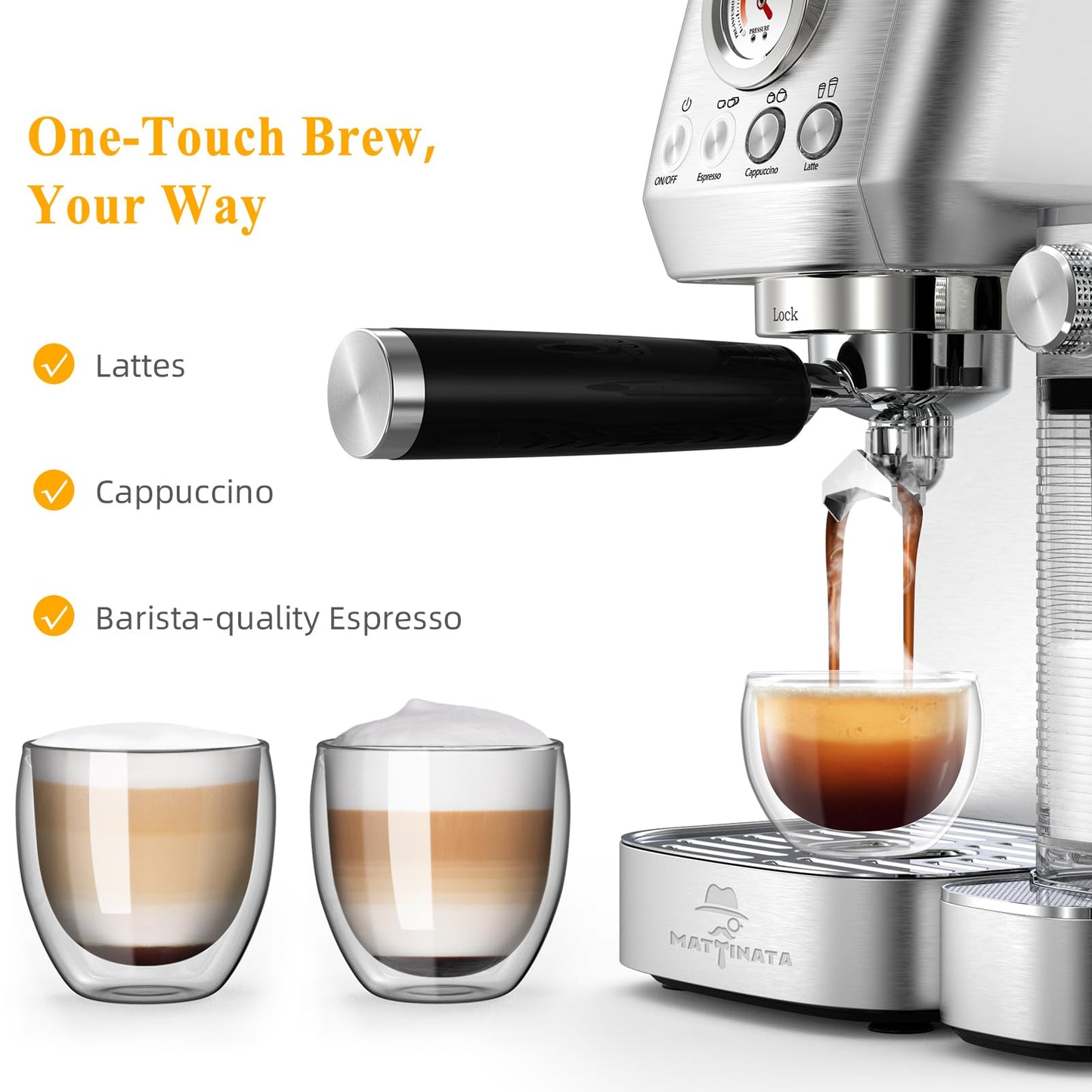 MAttinata Cappuccino Coffee Machine with Automatic Milk Frother, Compact Espresso Machine with Pressure Gauge, Stainless Steel Cappuccino Maker with for Home, Office