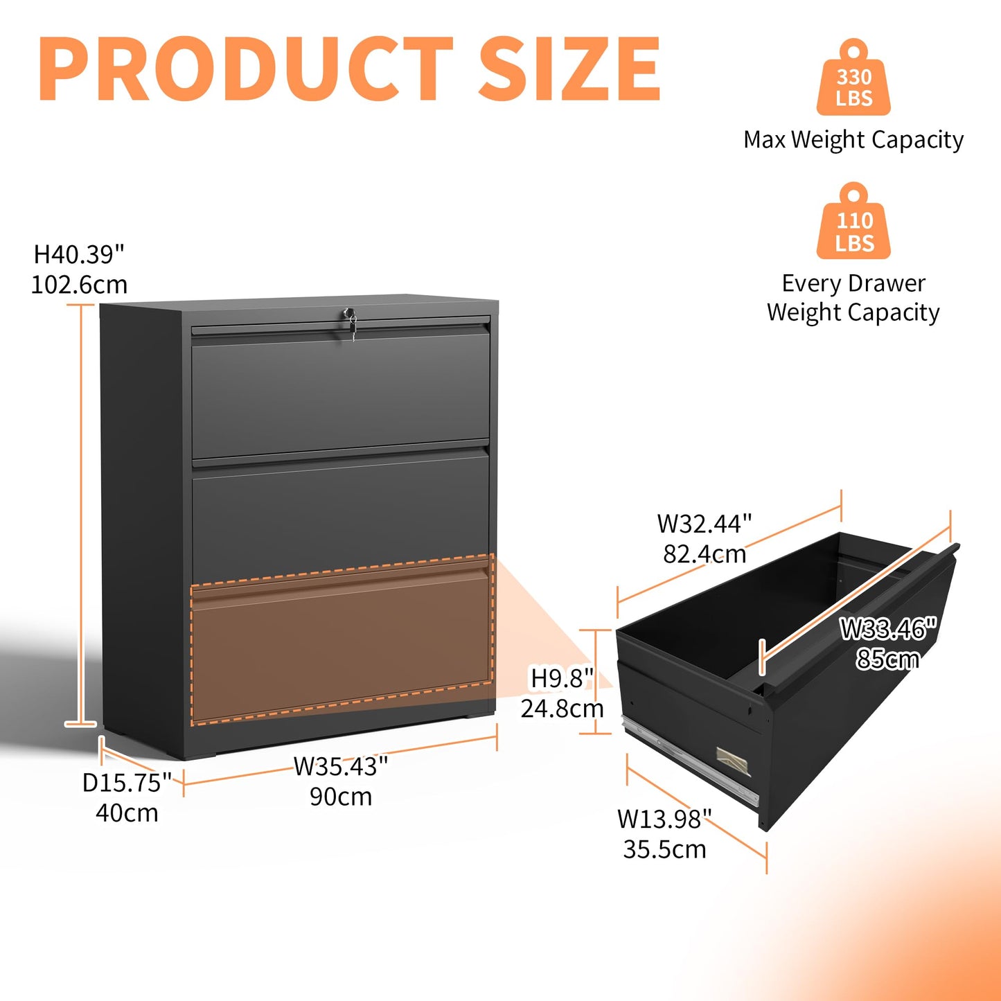KEIKI 3 Drawer Lateral File Cabinet with Lock, 40.4" Heavy-Duty Metal Filing Cabinet, Wide Storage for Letter/Legal/A4/F4, Silent Full-Extension Slides, Anti-Tilt Safety for Home Office, Black