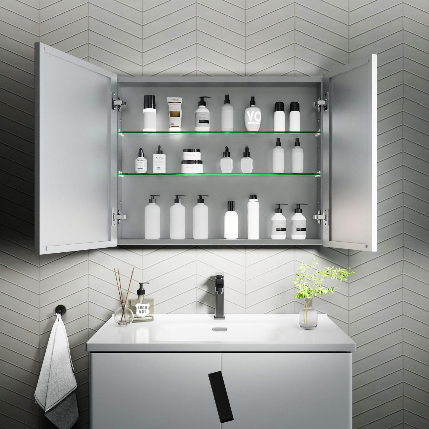 30x24 Inch Recessed Medicine Cabinet with Mirror, Aluminum Medicine Cabinet Mirror, Recessed or Surface Mount with 2 Adjustable Shelves Storage Organizer, Pre-Assembled Door, Soft-Closed System