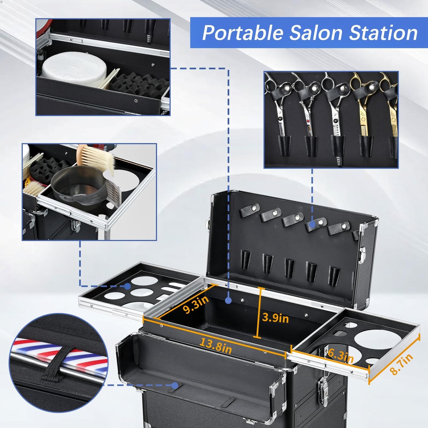Yueieoun Salon Cart with 4 Drawers, Hair Stylist Cart with Wheels Portable Salon Station with Worktop Tray, Rolling Makeup Train Case Cosmetology Case for Barbering or Hairstyling Service