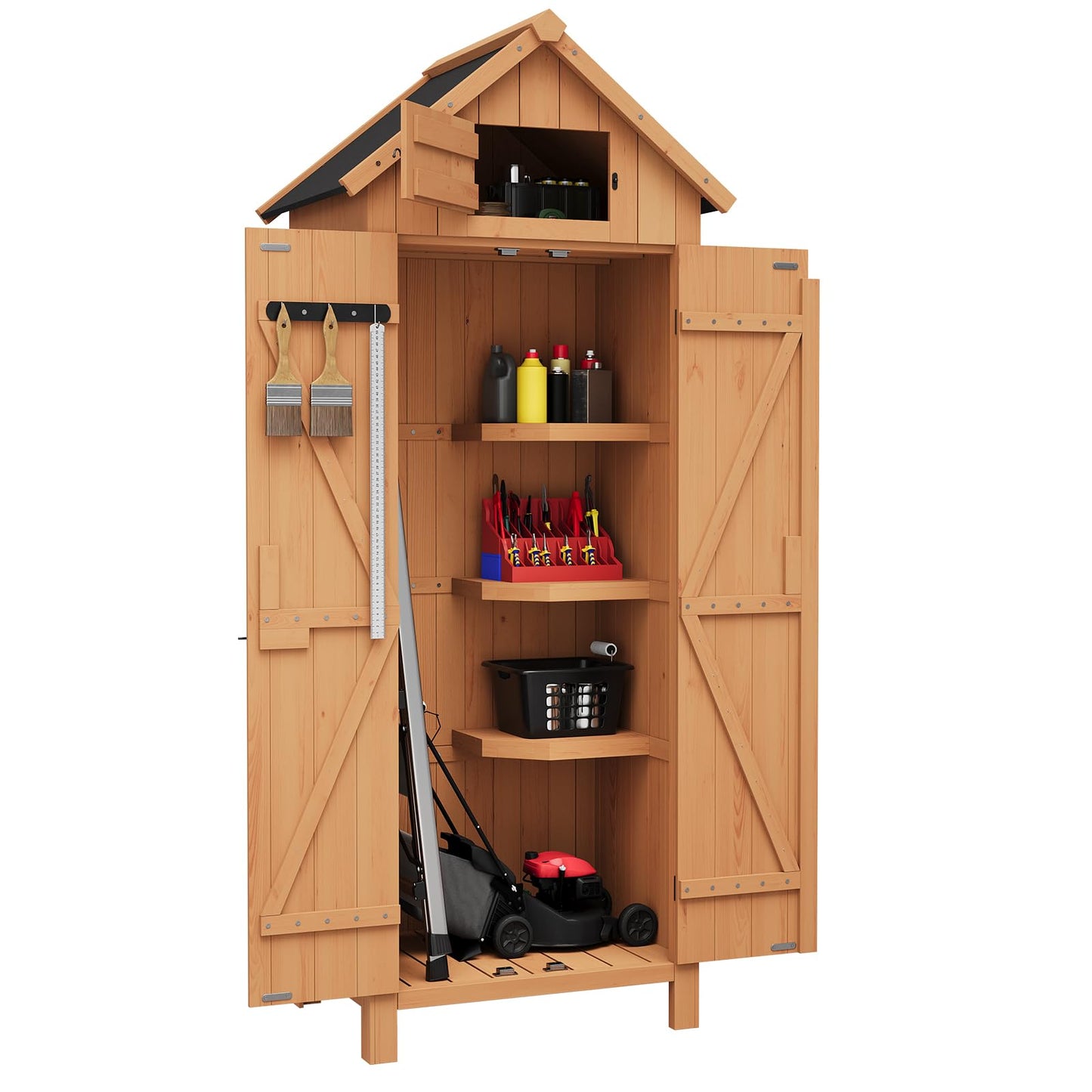 GarveeLife 70 in Outdoor Wooden Storage Shed Waterproof, Vertical Outdoor Storage Cabinet with 3 Shelves, Roof Storage & Lockable Door, Space-Saving Garden Tool Shed for Patio, Yard, Lawn
