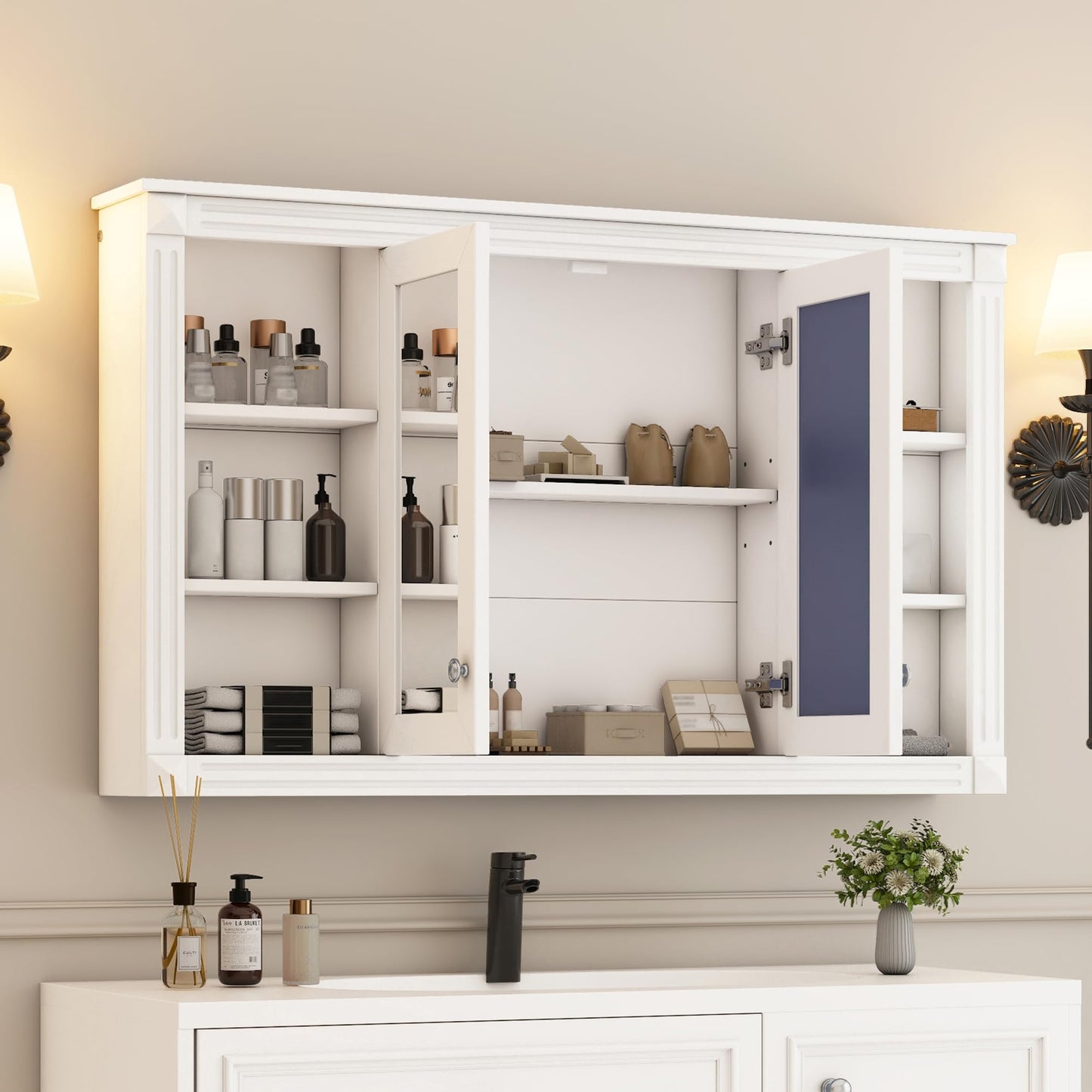 Merax Bathroom Medicine Cabinet with Mirror Door & Adjustable Shelf, 48" x 28" Wall Mounted Bathroom Storage Cabinet with Mirror, Over The Toilet