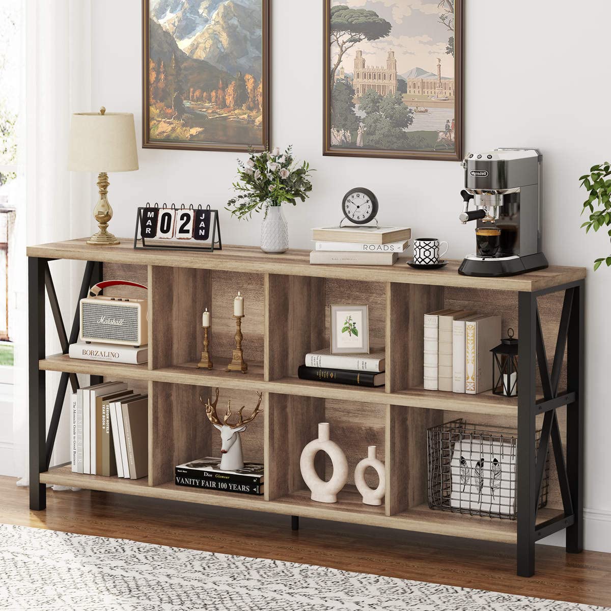FATORRI 8 Cube Storage Organizer Bookshelf, 62 Inch Rustic Wood Horizontal Bookcase, Industrial Cube Long Book Shelf for Living Room (Rustic Oak)