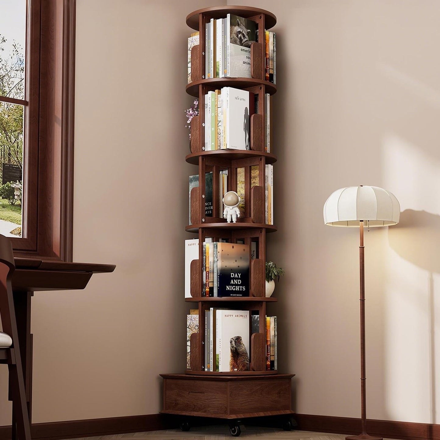JIAWORLDER Solid Wood Rotating Bookshelf Tower on Wheels, 5-Tier Spinning Bookcase with Drawer, 72" Floor Standing Revolving Bookshelf, Rotating Bookcase for Small Space, Walnut