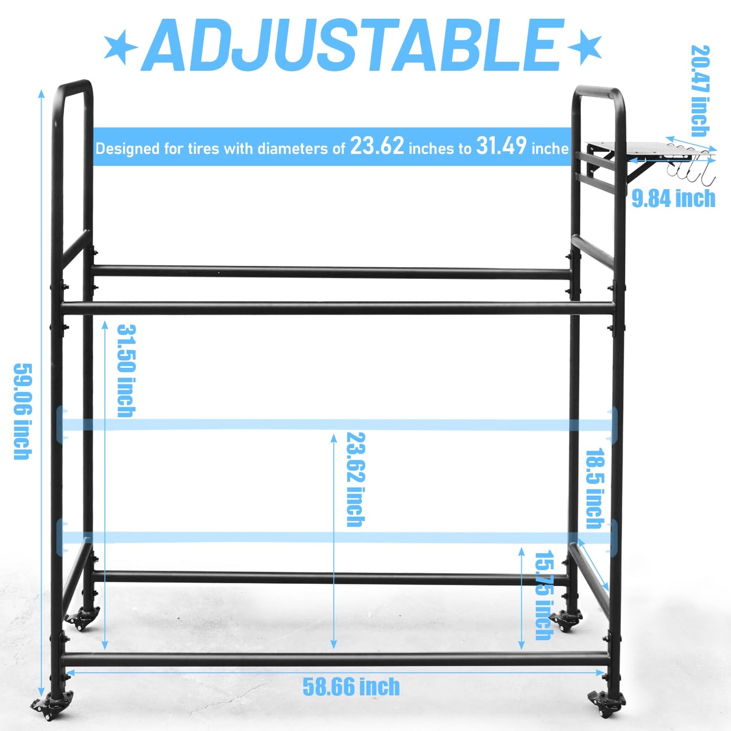 ZUIWAN Rolling Tire Rack for Garage, Adjustable Metal Tire Rack with Foldable Heavy-Duty Hole Board, 4 Self-Locking Swivel Casters, 59” Height, 660 Pound Capacity