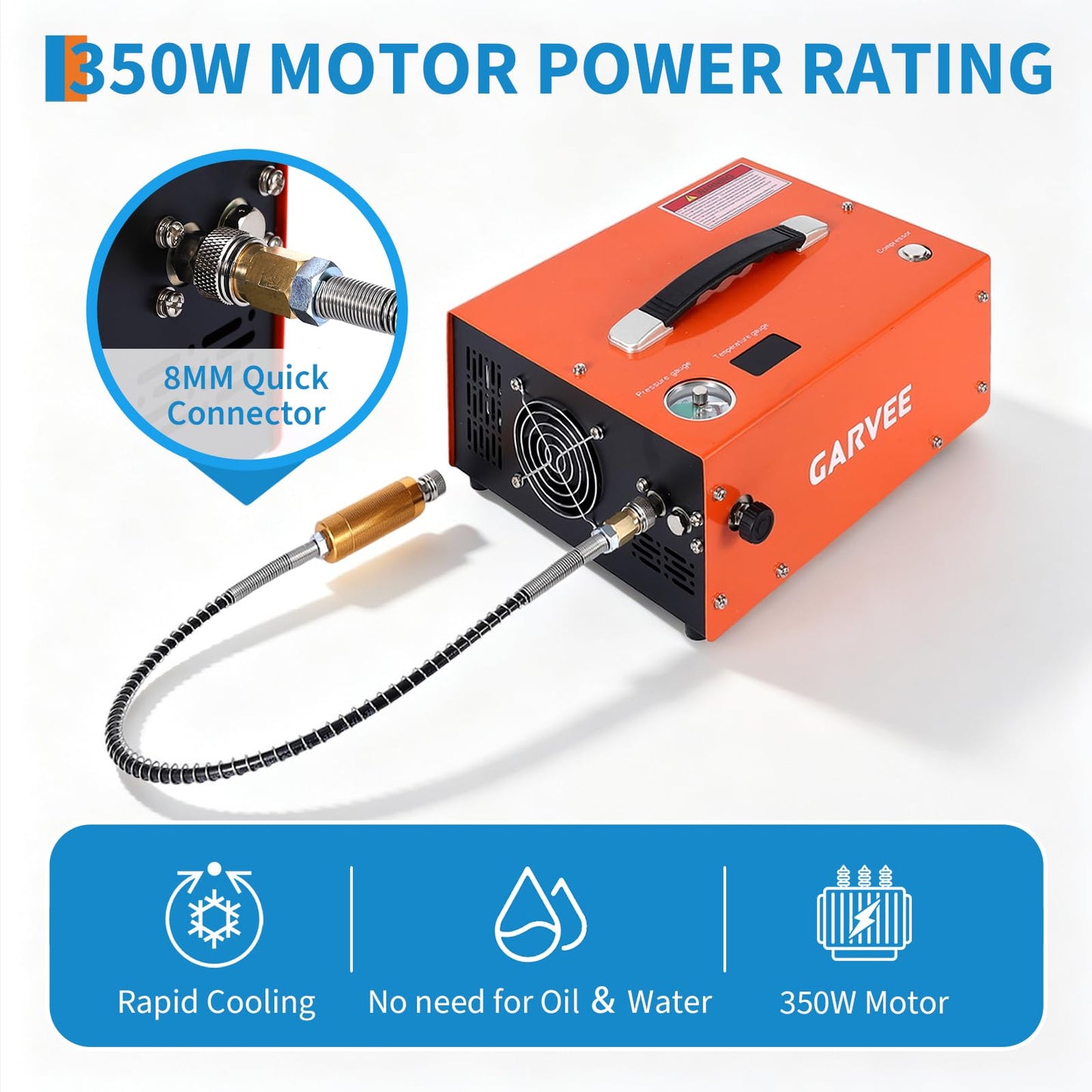 PCP Air Compressor, 4500PSI/30Mpa, 350W Oil-Free Fast Fill Pump with Auto Shut-Off, Dual Power 12V DC & 110V/220V AC, Portable Air Pump for Airguns, Air Rifle, Paintball, HPA Tanks(Compact)