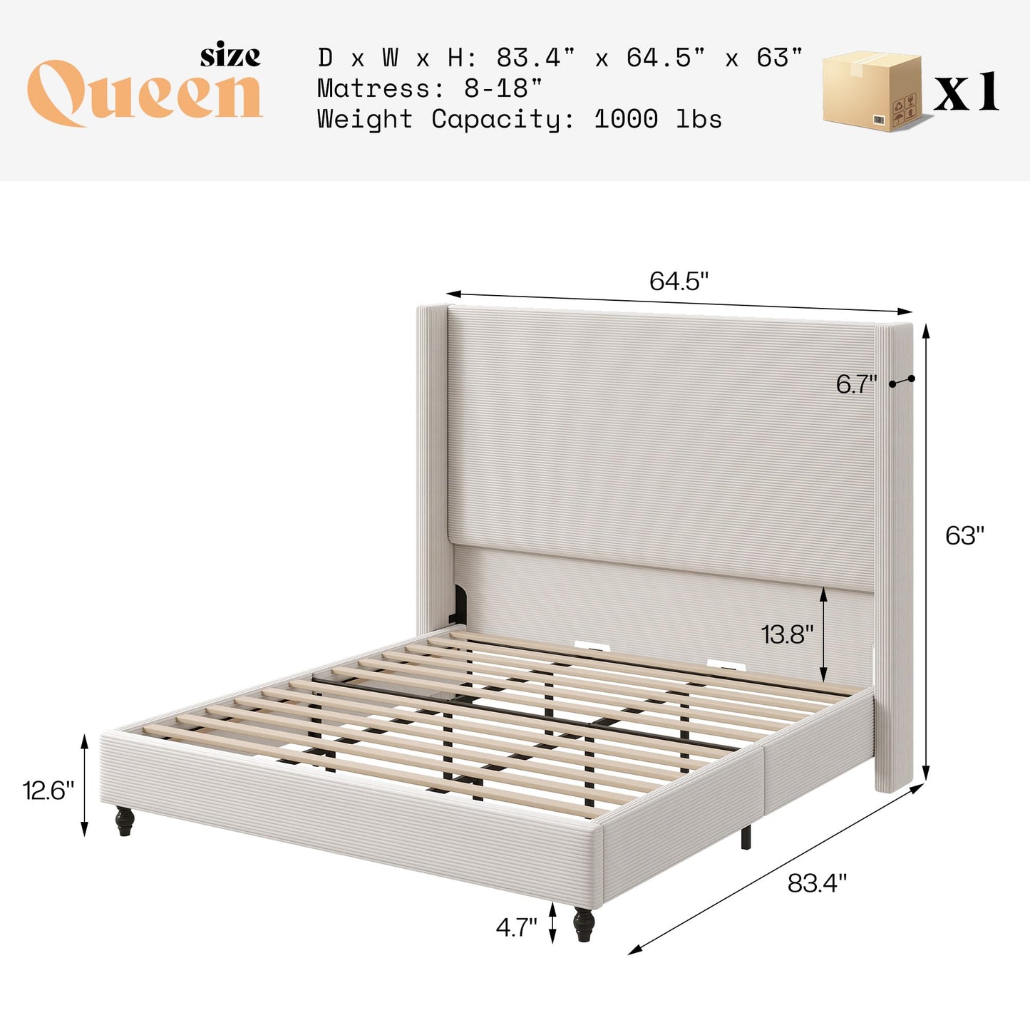 AMERLIFE Queen Bed Frame with 63" Tall Headboard, Upholstered Corduroy Bed Frame with Wingback, Platform Bed with Solid Wood Gourd Legs, Solid Slats, No Box Spring Needed, White