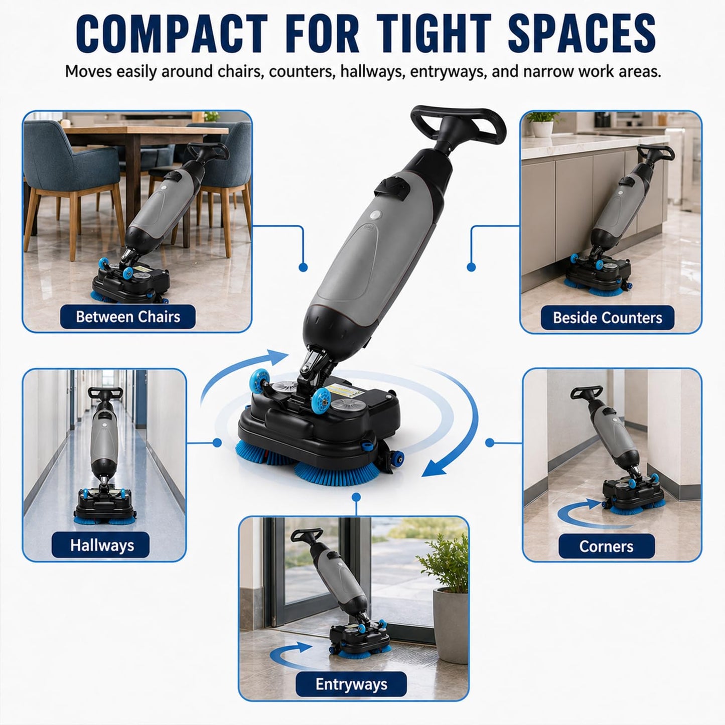 Commercial Floor Scrubber Machine, Compact Battery Powered Walk-Behind Floor Cleaner with Squeegee, Mini Floor Scrubber for Office, Salon, Restaurant & Small Spaces