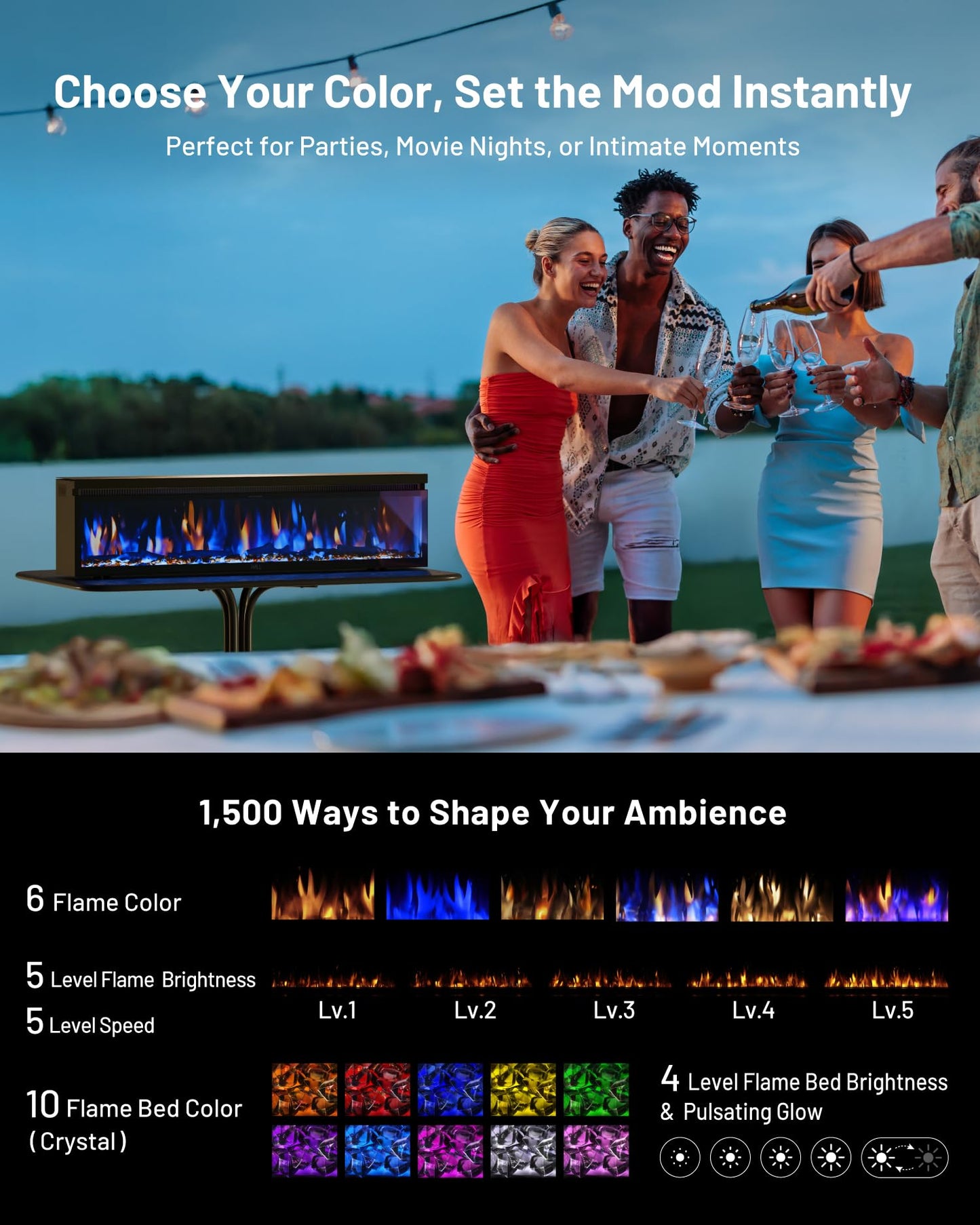 WALL FLAMEBAR Electric Fireplace Freestanding, Wall Mounted, Moves with TV Stand – WiFi Enabled,750/1500W Heater, 1500 Flame Color Combinations, for Living Room or Bedroom, Modern 40" Wide