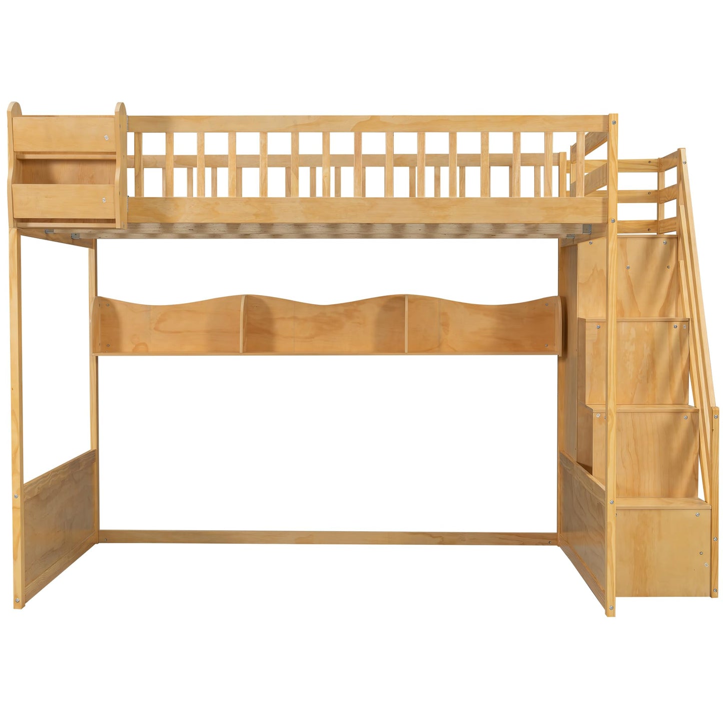 Merax Queen Size Wood Loft Bed Frame with Staircase,Storage Shelves & Wardrobe for Teens, Modern Loft Bed with Solid Slats, Guardrail, No Box Spring Required, Easy Assembly, for Bedroom, Natural