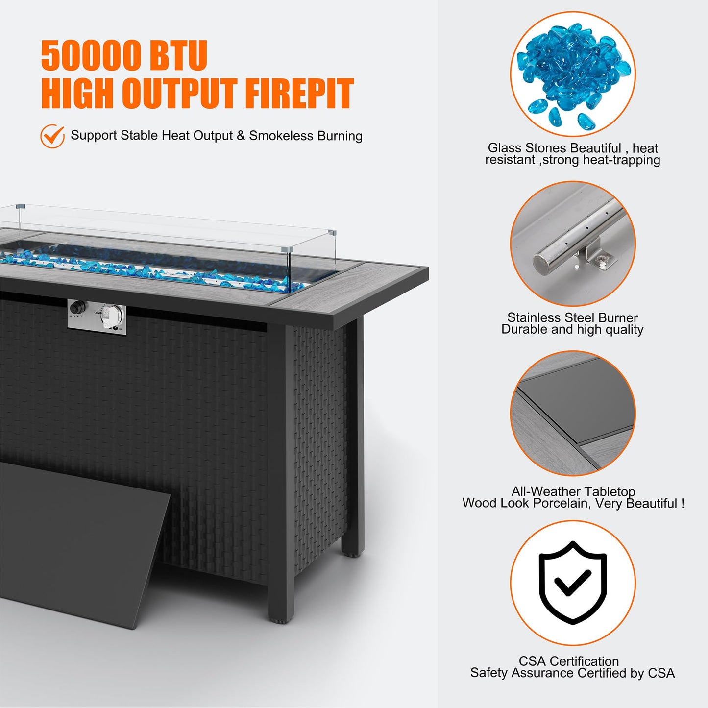 45 inch Outdoor Propane Fire Pit 50,000 BTU Gas Fire Pit Table with Lid, Glass Wind Guard, Waterproof Cover, Rectangle Gas Firepit Table for Garden/Patio, CSA Certification