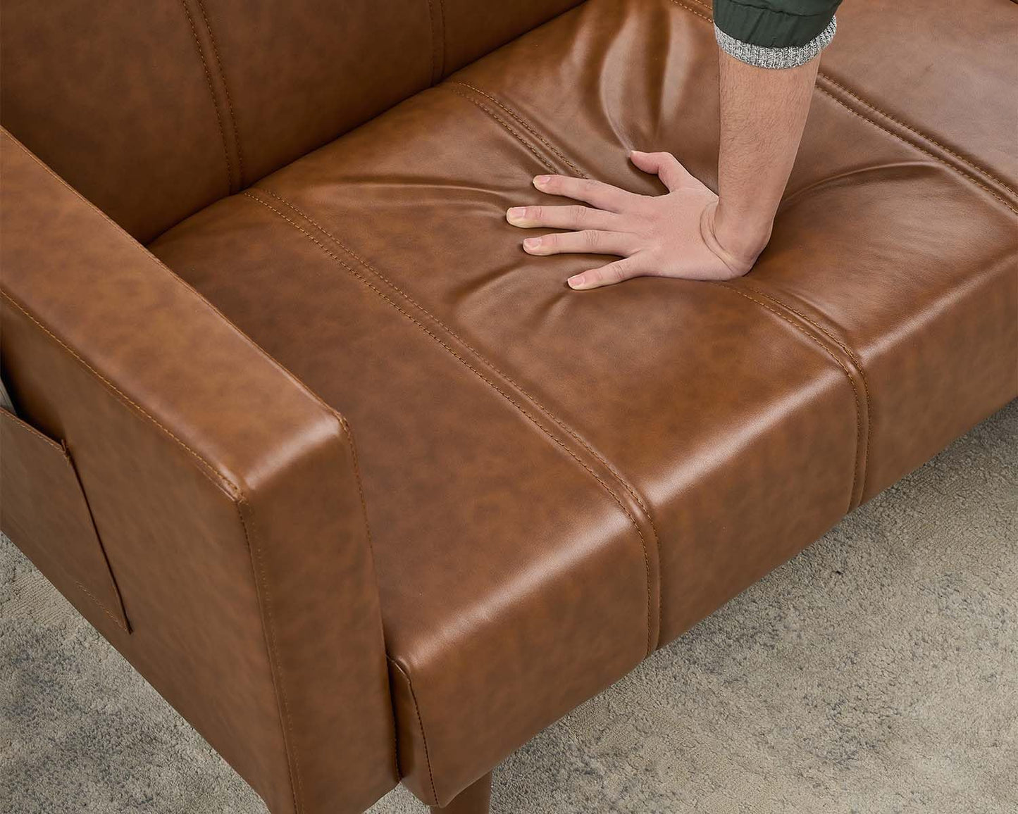 GOCAPTAIN 75" Convertible Futon Sofa Bed, Mid-Century Modern PU Leather Couch with Adjustable Backrest, Sleeper Loveseat with Side Pockets, Easy Assembly for Living Room & Guest Room (Brown)