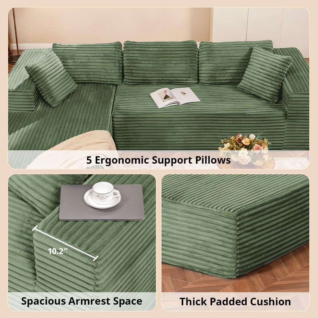 COMHOMA 105”Modular Sectional Sofa with Deep Seat,Cloud Upholstered L-Shape Couch Wide Arms Corduroy Fabric High-Density Foam Chaise Lounge for Living Room No Assembly Required,Green