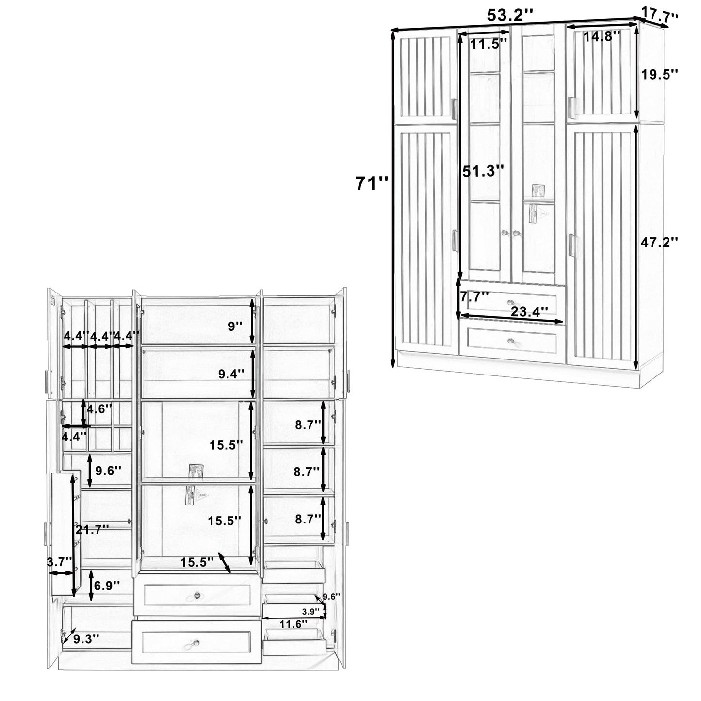 Merax Modern Large Kitchen Pantry with 6 Doors, 53.2''Lx17.7''W Storage Cabinet Cupboard with Drawers, Adjustable Shelves, Pull-Out Trays and Wine Rack for Dining Room, Green
