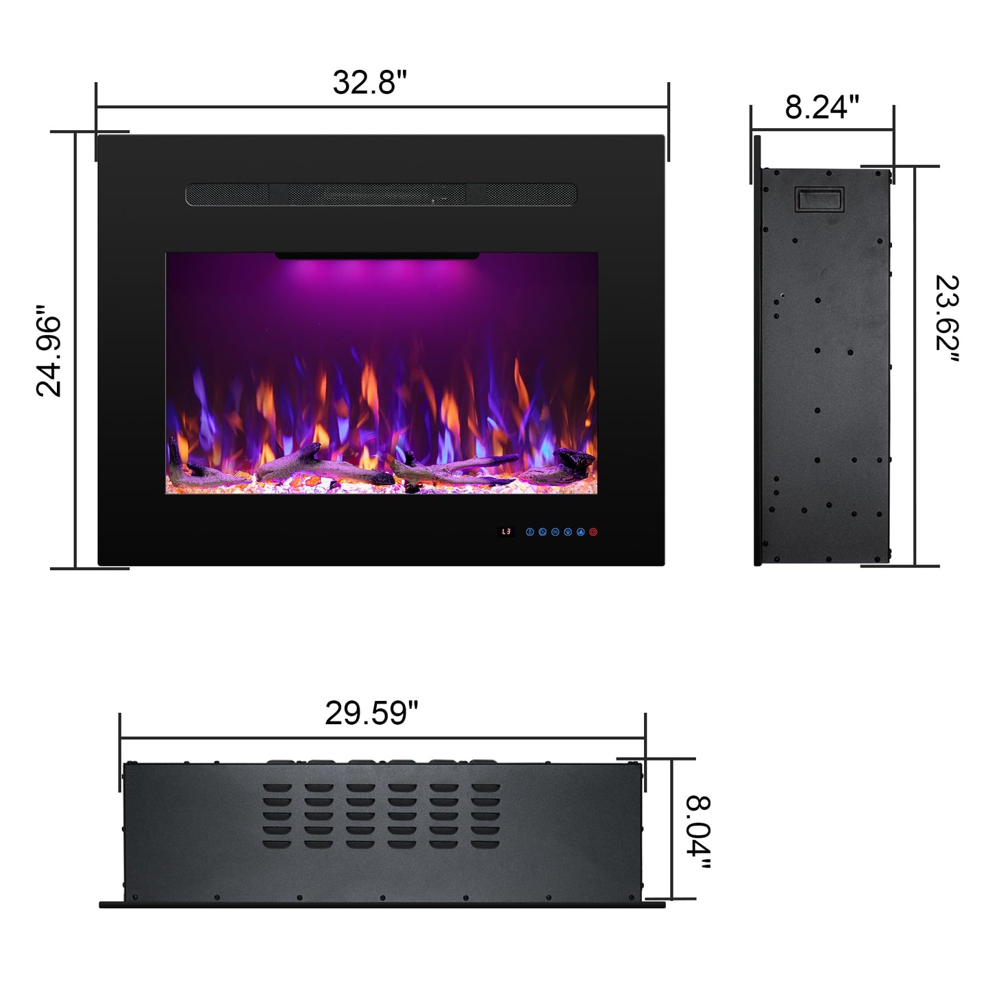 Rodalflame 29.6" W Rear Electric Fireplace Inserts with 3 Flame & Top Light, Recessed Fireplace Heater with Thermostat, 750/1500W, Crackling Sound, Logs & Crystals, Timer, No Wall Mount