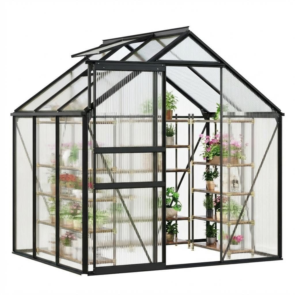 COZONY Heavy Duty Aluminum Frame Walk-in Greenhouse, 6x4 FT Polycarbonate Panels - Sliding Door, Adjustable Roof Vent, Rain Gutter - Durable Weather Resistant Structure for Backyard, Garden, Patio -