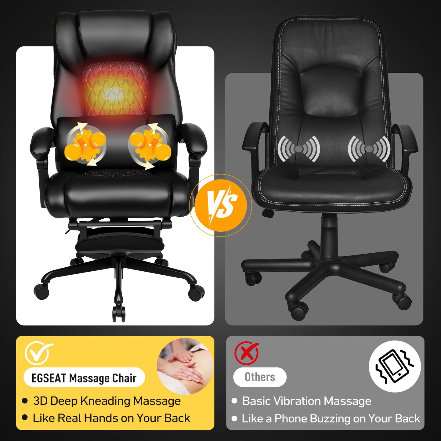 EGSEAT 3D Kneading Massage Office Chair with Heat, 500 lbs Big and Tall Executive Computer Desk Recliner, Leather Electric Heated Chair with Footrest, Black