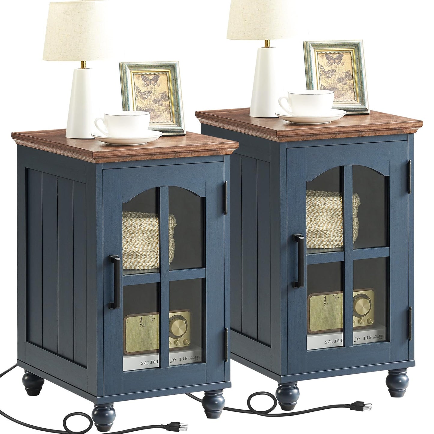 Narrow Side Table Set of 2,Farmhouse Nightstand with Charging Station,End Table with Glass Barn Door Storage, Cabinet Organizer with Adjustable Shelf, Night Stand for Small Spaces Living Room Bedroom