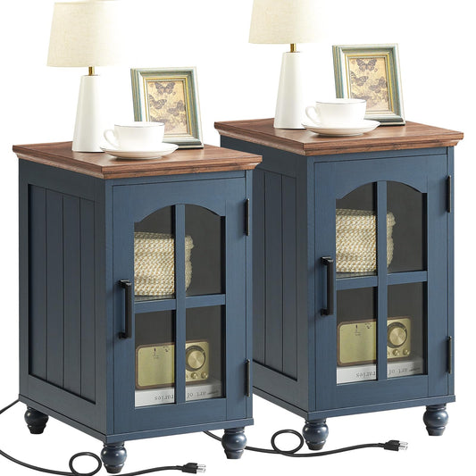 Narrow Side Table Set of 2,Farmhouse Nightstand with Charging Station,End Table with Glass Barn Door Storage, Cabinet Organizer with Adjustable Shelf, Night Stand for Small Spaces Living Room Bedroom
