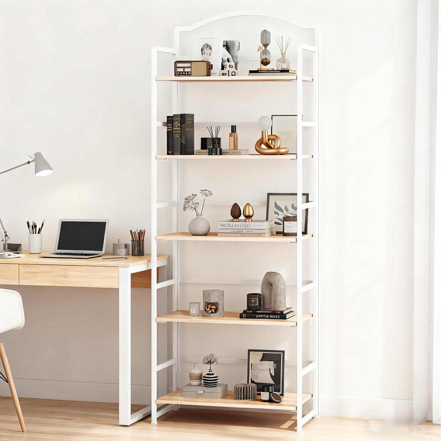 JSB 5 Tier No Assembly Folding Bookshelf, Arched Bookshelf, Foldable Bookcase for Living Room, Bedroom, Office,Skinny Bookshelf (White)