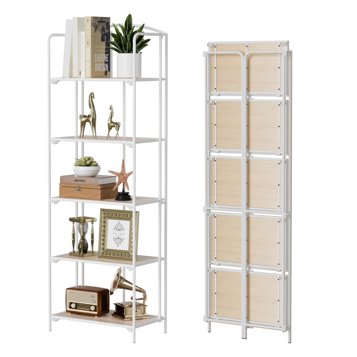 Crofy 5-Tier Foldable Bookshelf, White Frame & White Oak Shelves