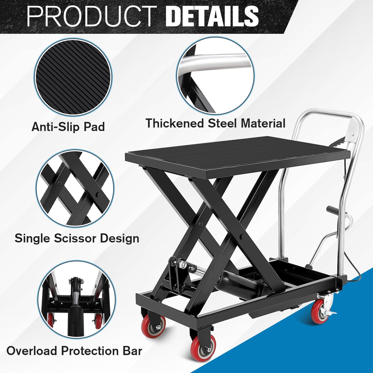 Hydraulic Lift Table Cart, 1100lbs Capacity 32" Lifting Height Hydraulic Table Cart, Single Scissor Lift Table with Non-Slip Pad for Material Handling and Transportation, Black