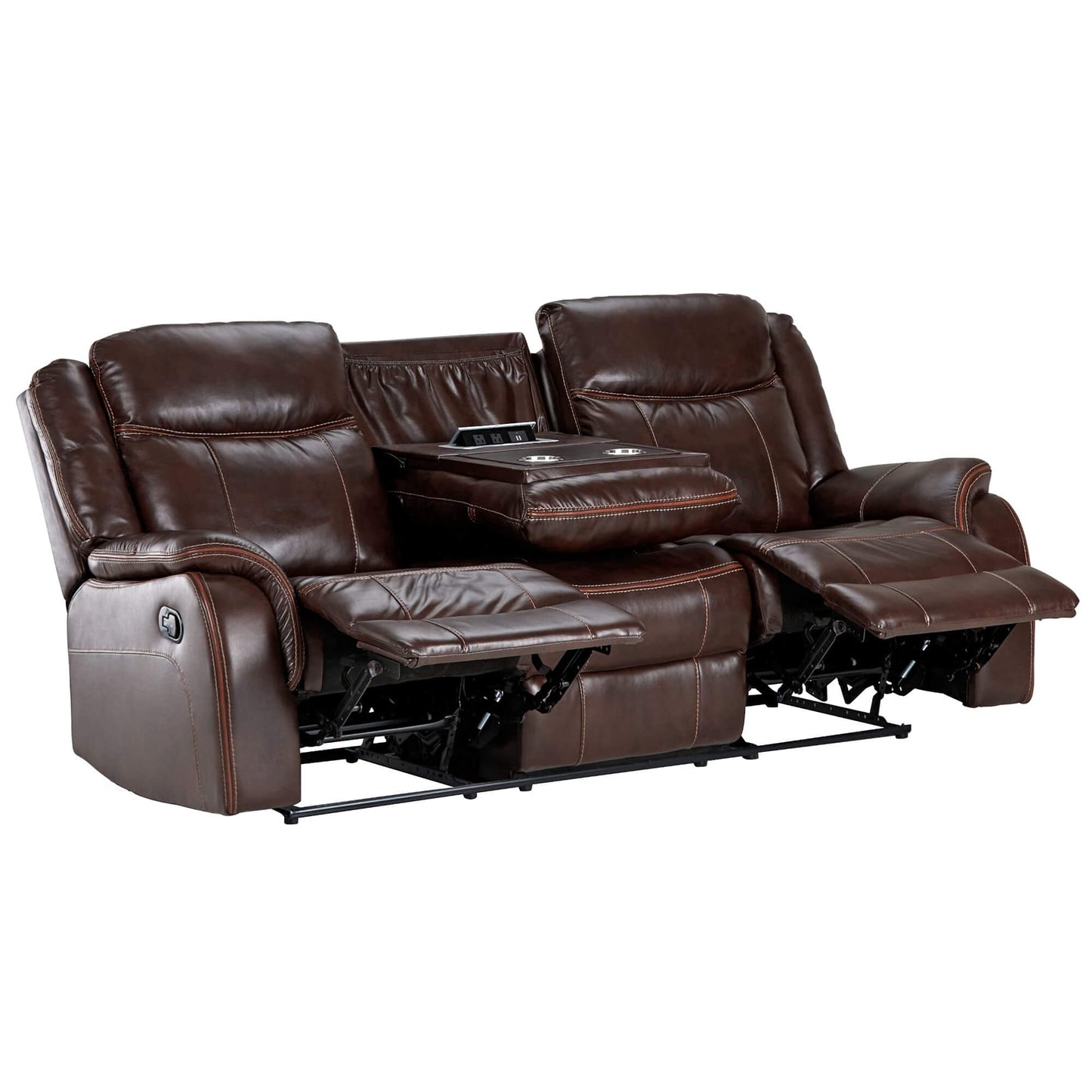 Sunset Trading Avant 86" Wide Dual Reclining Power Drop Down Console | USB, 2 Outlets, Cupholders | Brown Faux Leather Sofas, Deep Seating, (SU-AV8604041-305)