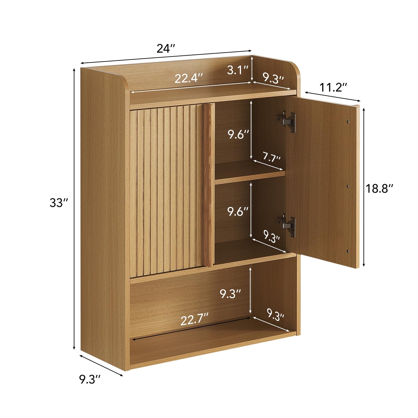 VANIRROR Bathroom Wall Cabinet, 24 x 9.3 x 33 in Wood Finish Wall Mounted Medicine Storage Organizer with Fluted Doors, Raised-Edge Top, Over Toilet Cabinet for Laundry Kitchen