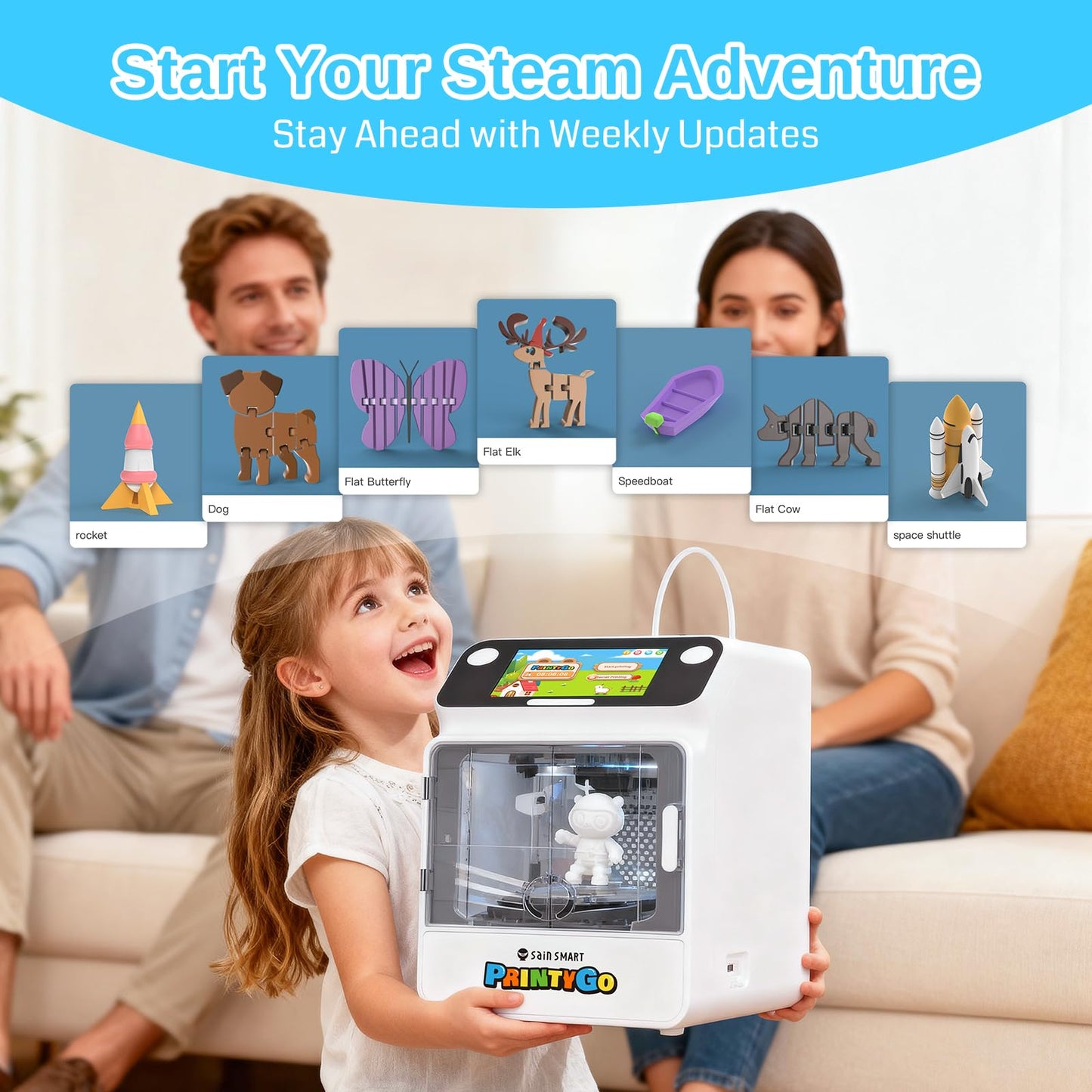 SainSmart PrintyGo 3D Printer for Kids, 600mm/s Auto Leveling Printer for Beginners with 5" Touch Screen, 1500+ Models, Child-Safe Design, Wi-Fi/App Control, Pre-Assembled for STEM Learning Gift