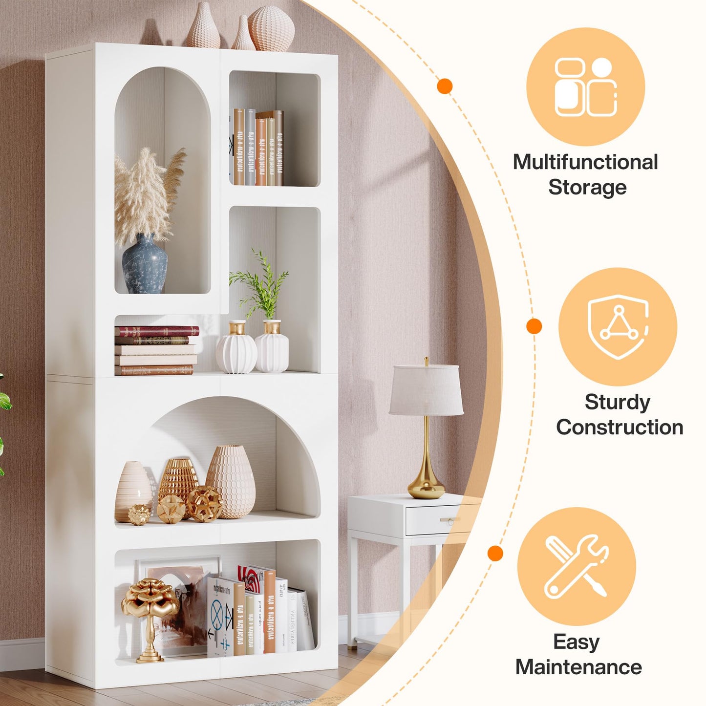 Tribesigns 70.87" Tall Geometric Bookshelf, White Arched Bookcase with 5 Irregular Storage Shelves, Modern Open Art Decor Display Shelf Free-Standing for Living Room, Bedroom, Closet