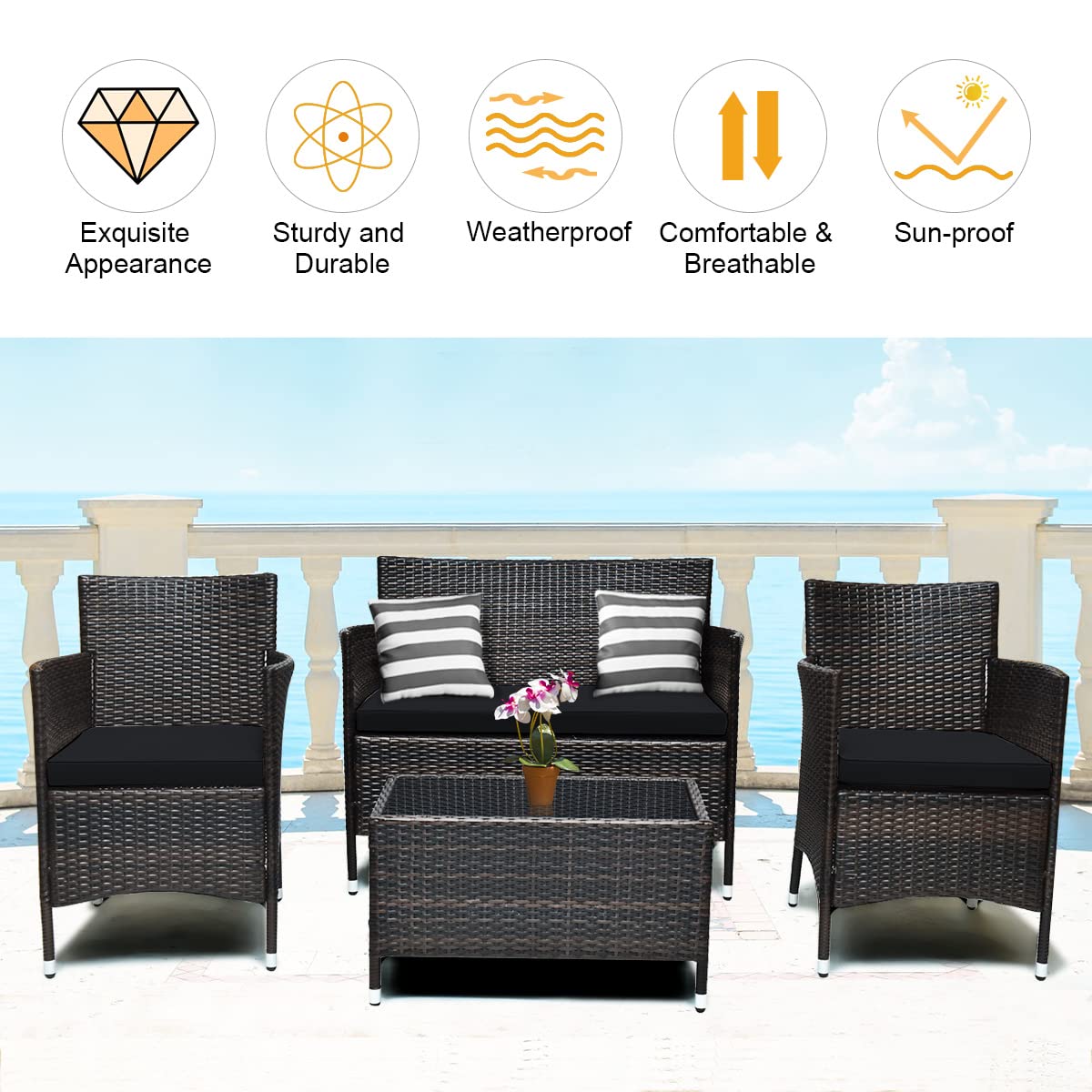 COSTWAY 8PCS Rattan Patio Furniture Set, Outdoor Wicker Rattan Chairs with Coffee Table, Rattan Cushioned Conversation Set for Backyard Balcony Porch Poolside, Black