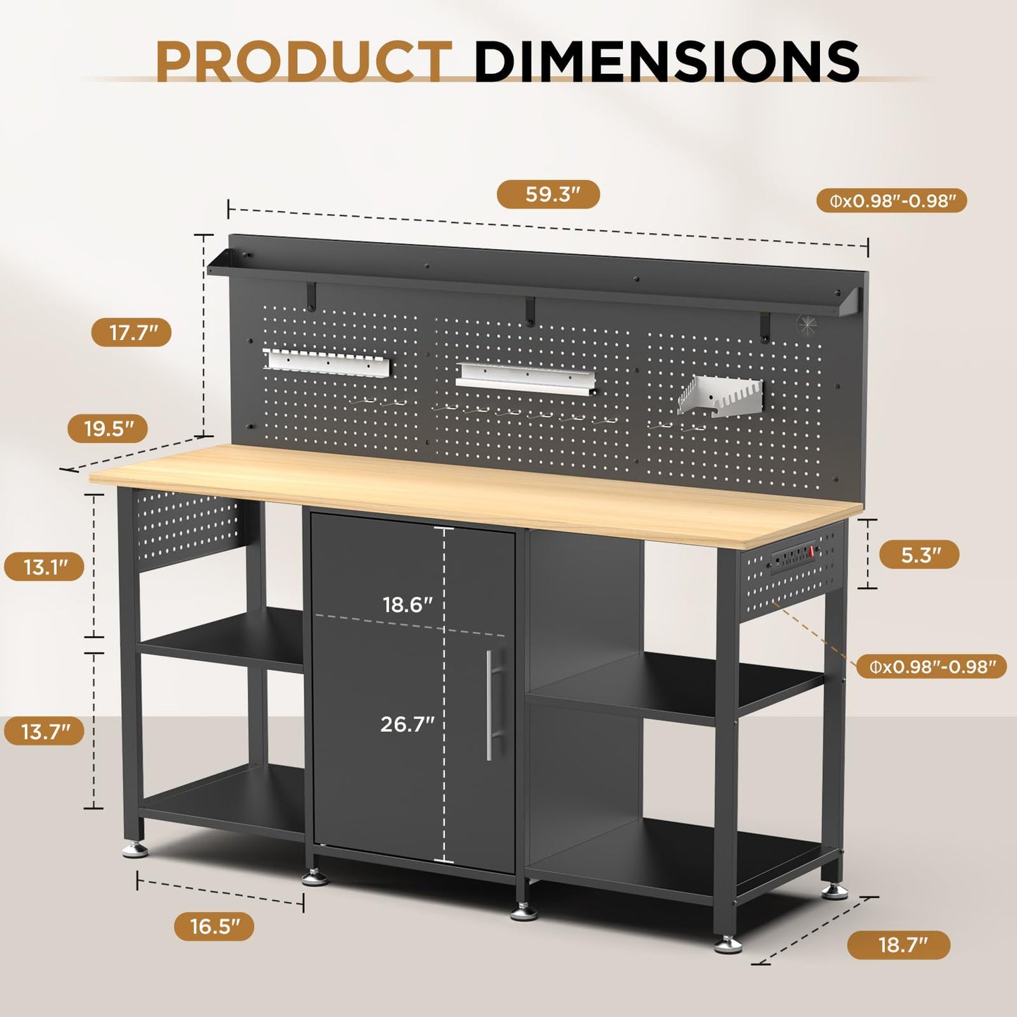 KEIKI 60 Inch Heavy Duty Workbench with Cabinet and Pegboard, Wooden Top Large Garage Work Table with Power Outlet and Open Side Shelves, 2000 lbs Capacity Steel Frame for Shop, Black
