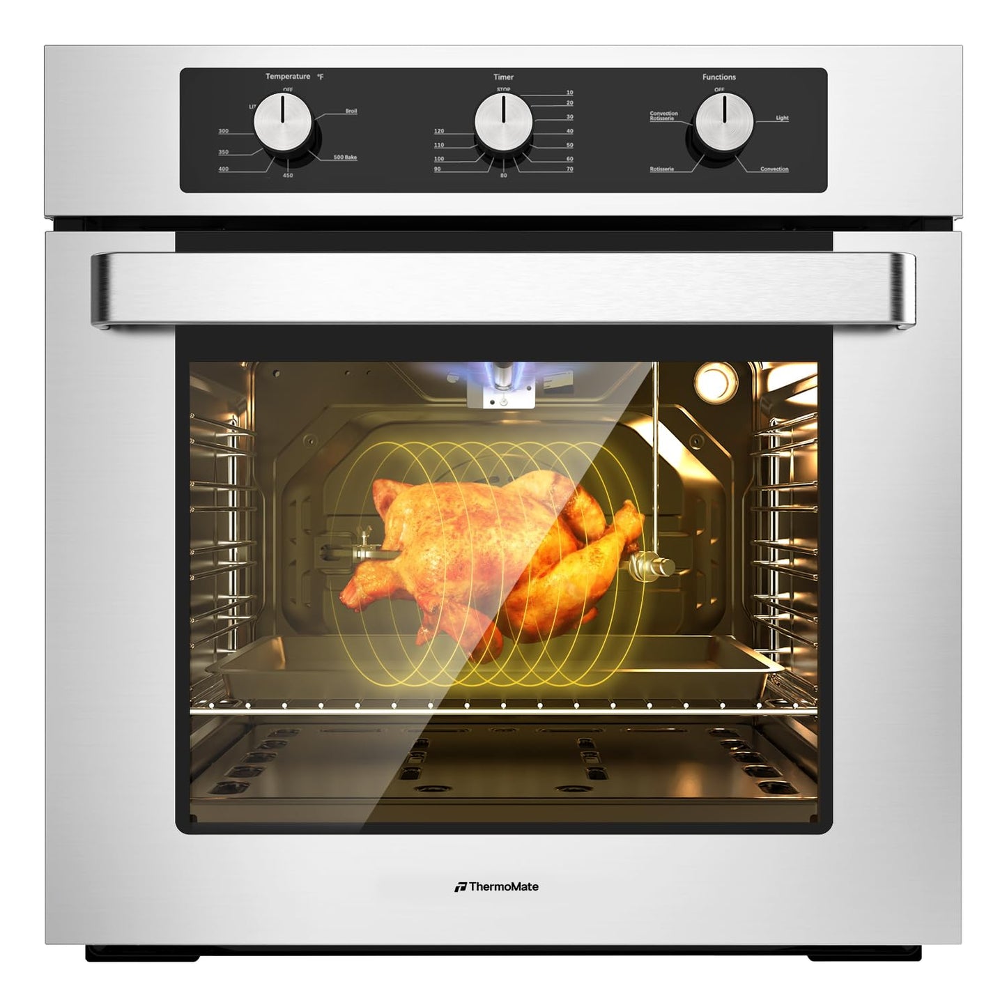 Thermomate 24" Gas Wall Oven, ETL Certified, 2.12 Cu.ft. Natural Gas with Bake Broil Rotisserie Functions, Timer and Convection Fan, 120V Cord Plug, Stainless Steel