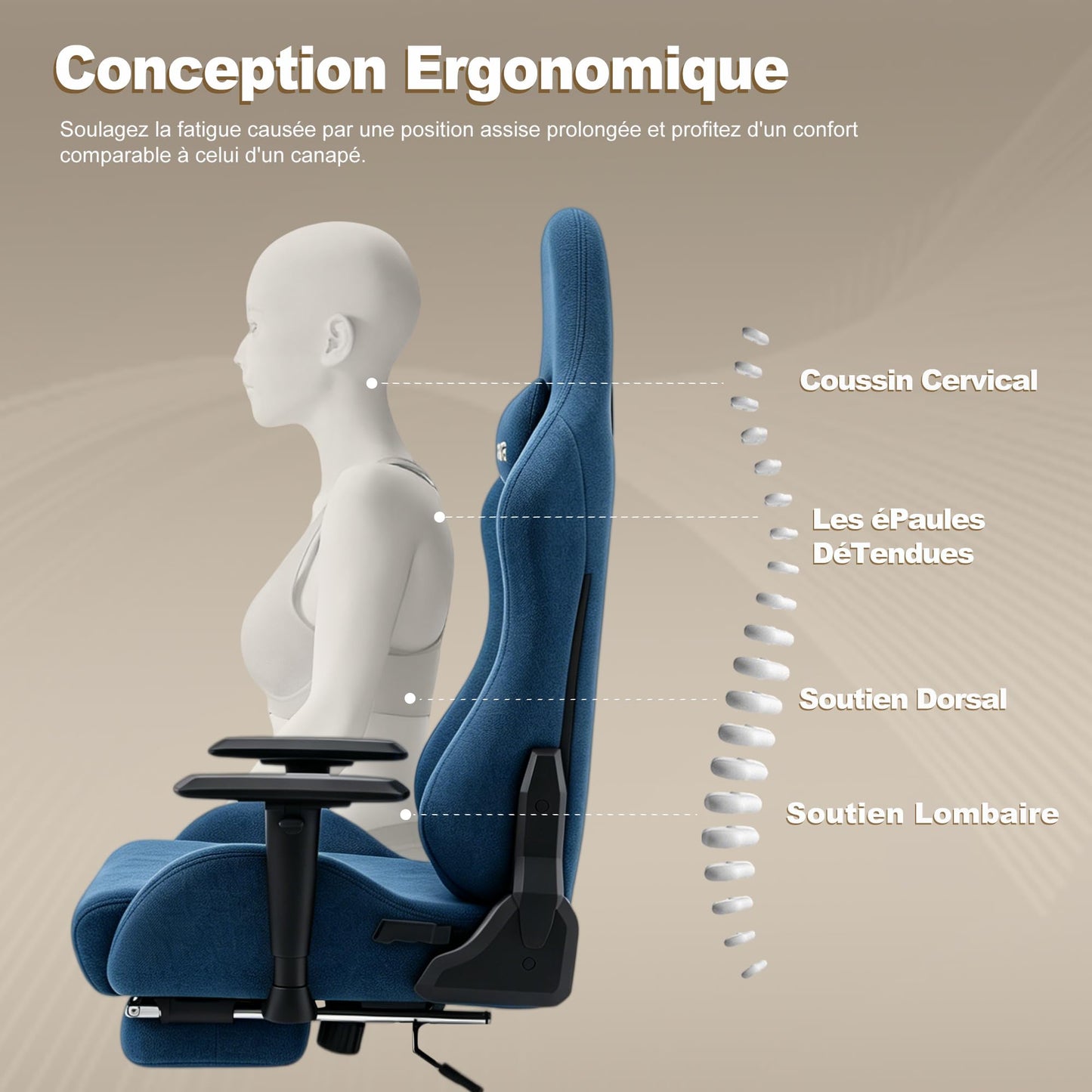 Symino Gaming Chair, Ergonomic Office Chair with 2D Armrests, 150° Recline, Breathable Faux Suede Fabric, Adjustable Headrest, Computer Desk Chair for Home Office, with Footrest, Blue