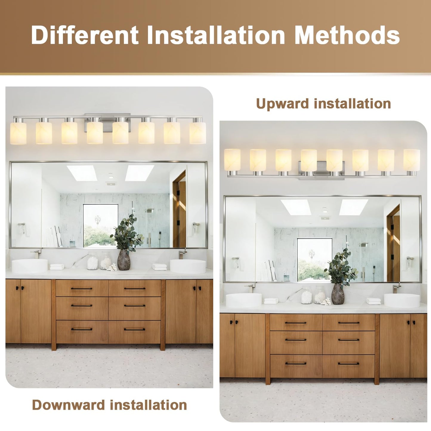 Mieloxiy 8-Light Bathroom Light Fixtures, Modern Vanity Lights, Brushed Nickel Metal Wall Lamp with White Marble Glass for Bathroom, Mirror, Living Room, Bedroom, Cabinet, Porch, Hallway, E26 Base