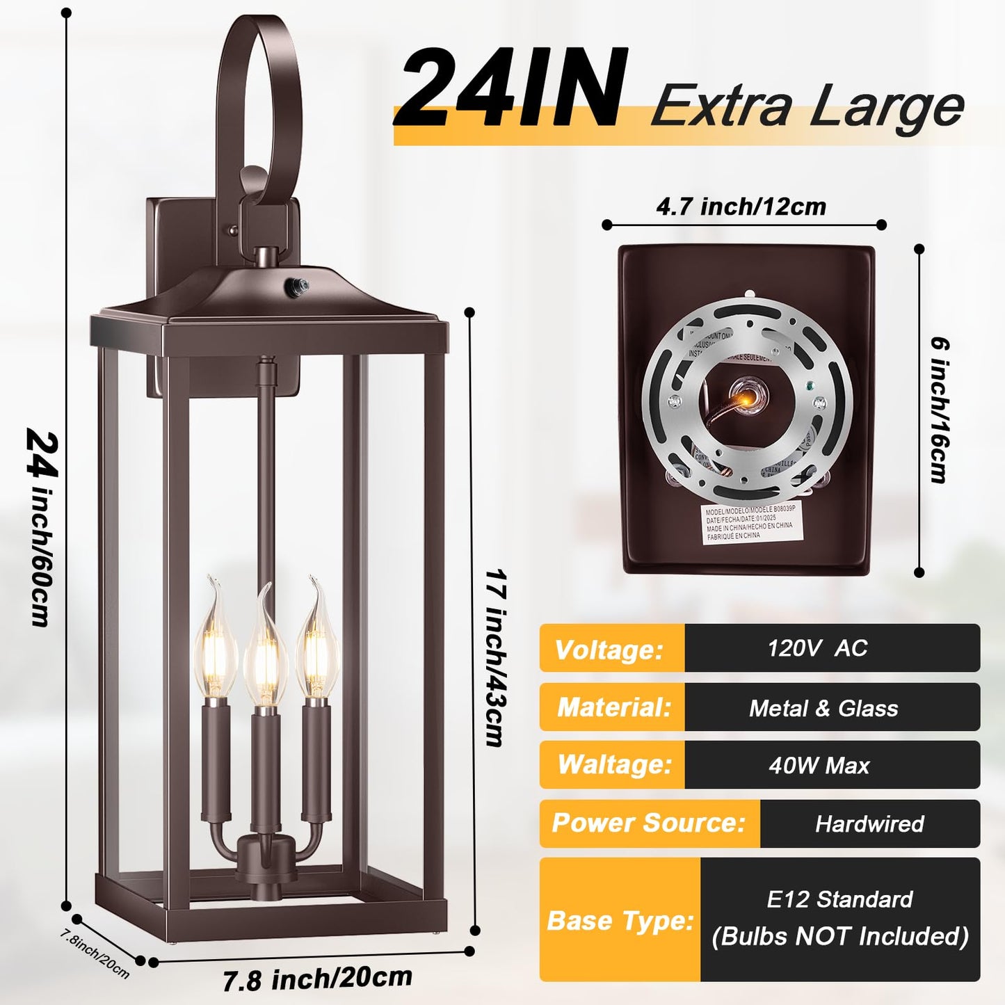 Yolsunes 3-Light Outdoor Wall Sconce, Waterproof Metal Lantern, 24in Extra Large, Oil Rubbed Bronze, 2-Packs