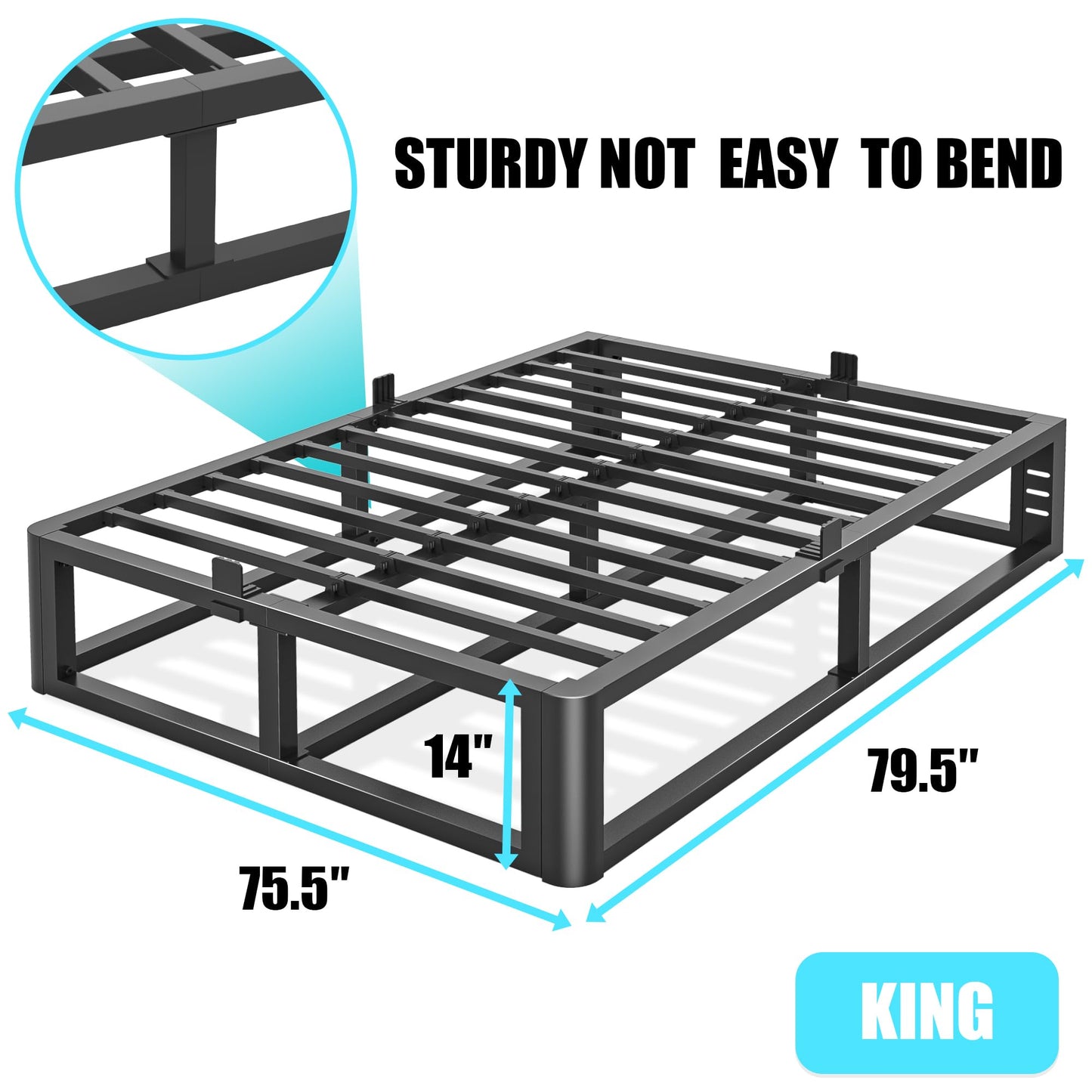 Bilily Metal Heavy Duty 14 inch King Bed Frame with Rounded Corner and Headboard Hole Mattress Retainers 3500 LBS No Box Spring Needed Platform Noise Free Easy Assembly