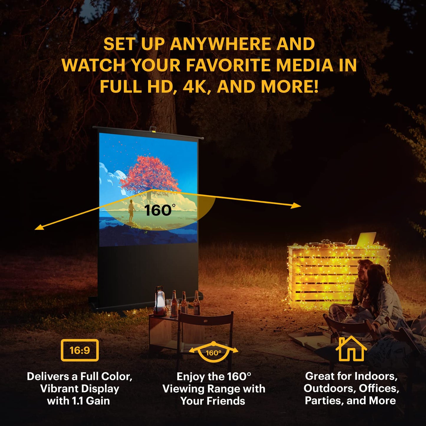 Kodak Portable Projector Screen | 100” Indoor & Outdoor 16:9 Video Projection Surface & Stand with Carry Handle | 1080p, 4K/8K UHD, 3D & HDR Ready | Fast Setup for Movies, Office Presentations & More