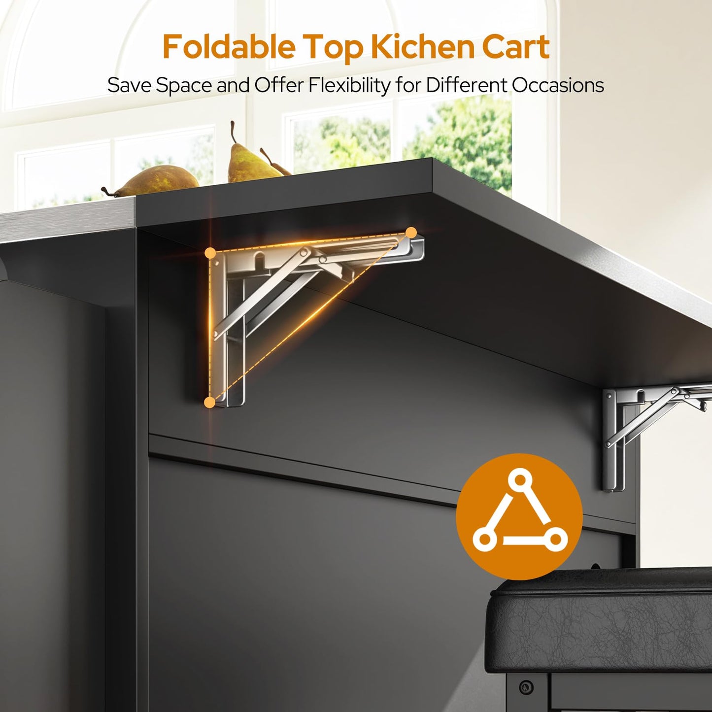 Concho 56'' Rolling Kitchen Island with Seating and Stainless Steel Countertop, Mobile Kitchen Carts with Folding Drop Leaf, 2 Bar Stools, Power Outlet, Spice/Towel Rack, Zest Black