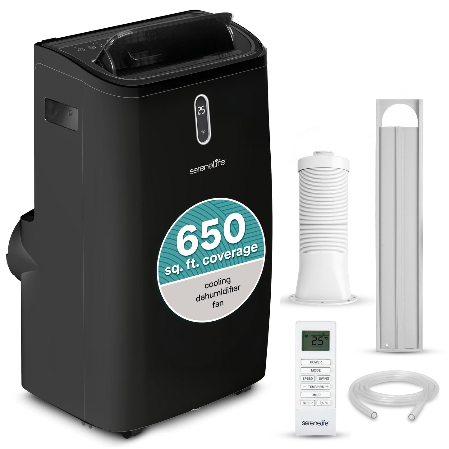 SereneLife 14,000 BTU Portable Air Conditioner - Compact Room Air Conditioner with Dehumidifier & Fan, Mini AC Unit for Rooms Up to 650 Sq. Ft., Window Kit Included, Rolling Wheels, Black
