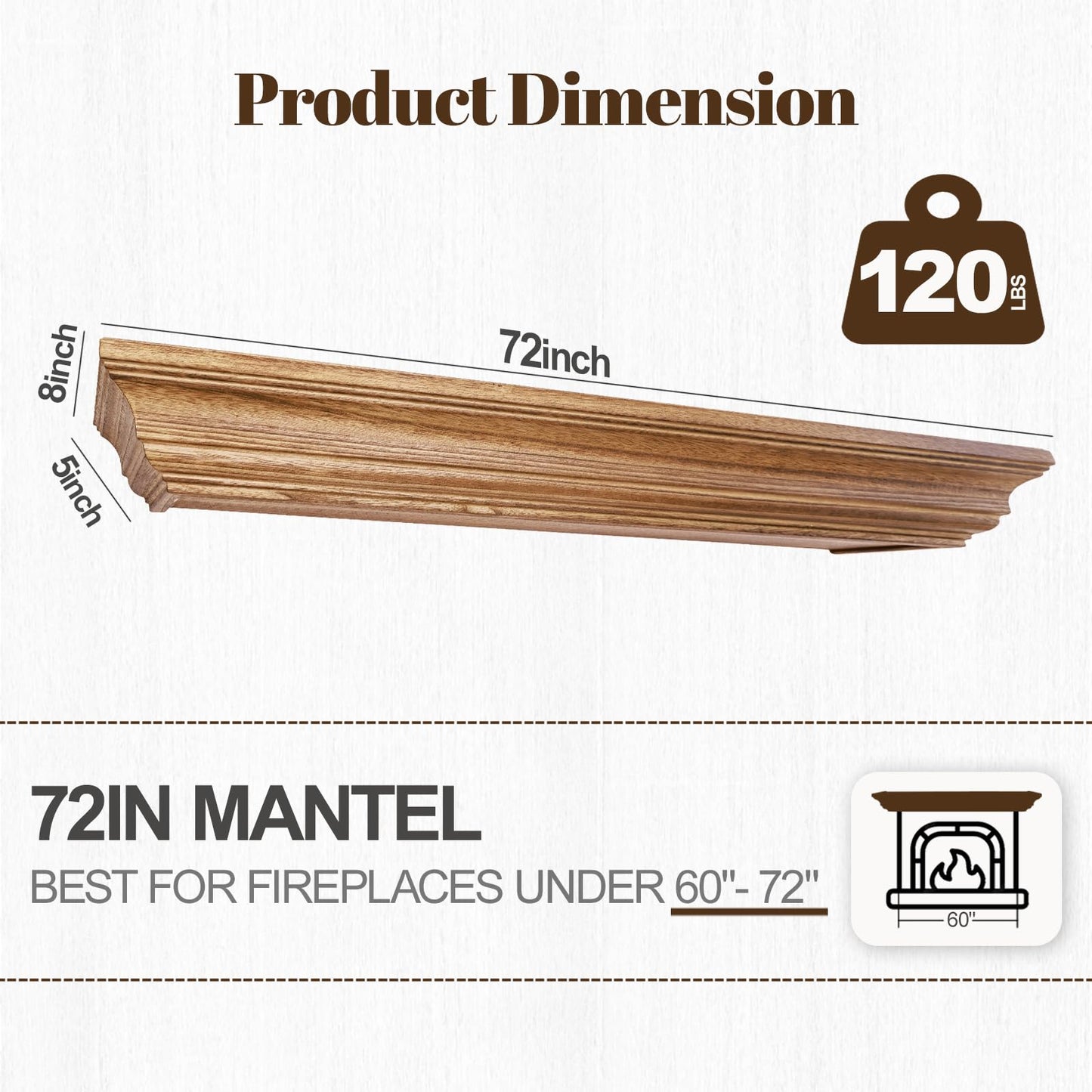 LXWZHK Rustic Fireplace Mantel Shelf, 72" Wooden Floating Shelf for Over Fireplace, Wall Mounted Fire Place Mantel, Farmhouse Hanging Floating Shelves, Oak Color