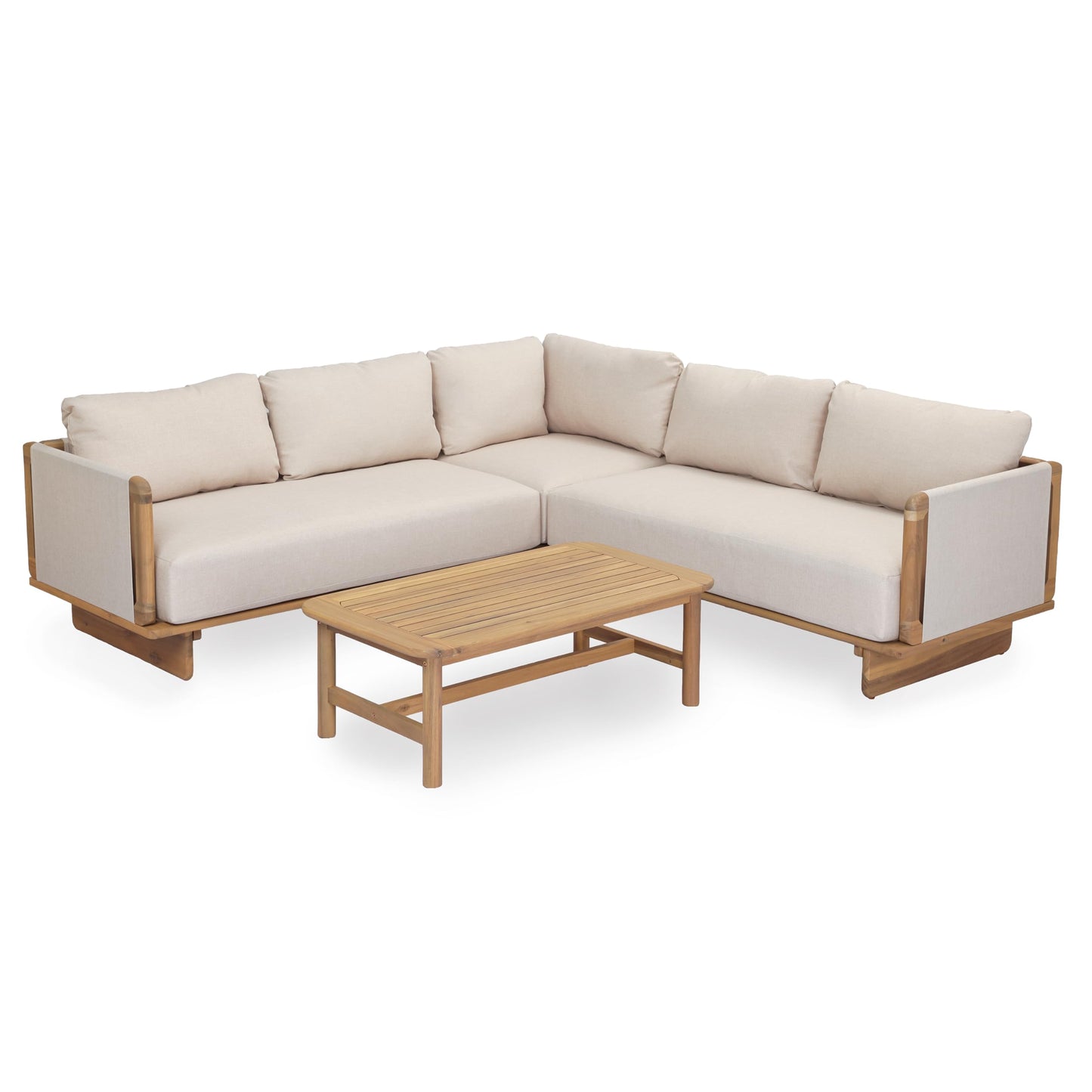 Merax 4 Piece Patio Outdoor Furniture Set, All-Weather V-Shaped Sectional Sofa with Cushions, 1 Coffee Table for Porch, Lawn, Backyard, Balcony, Light Teak+ Beige