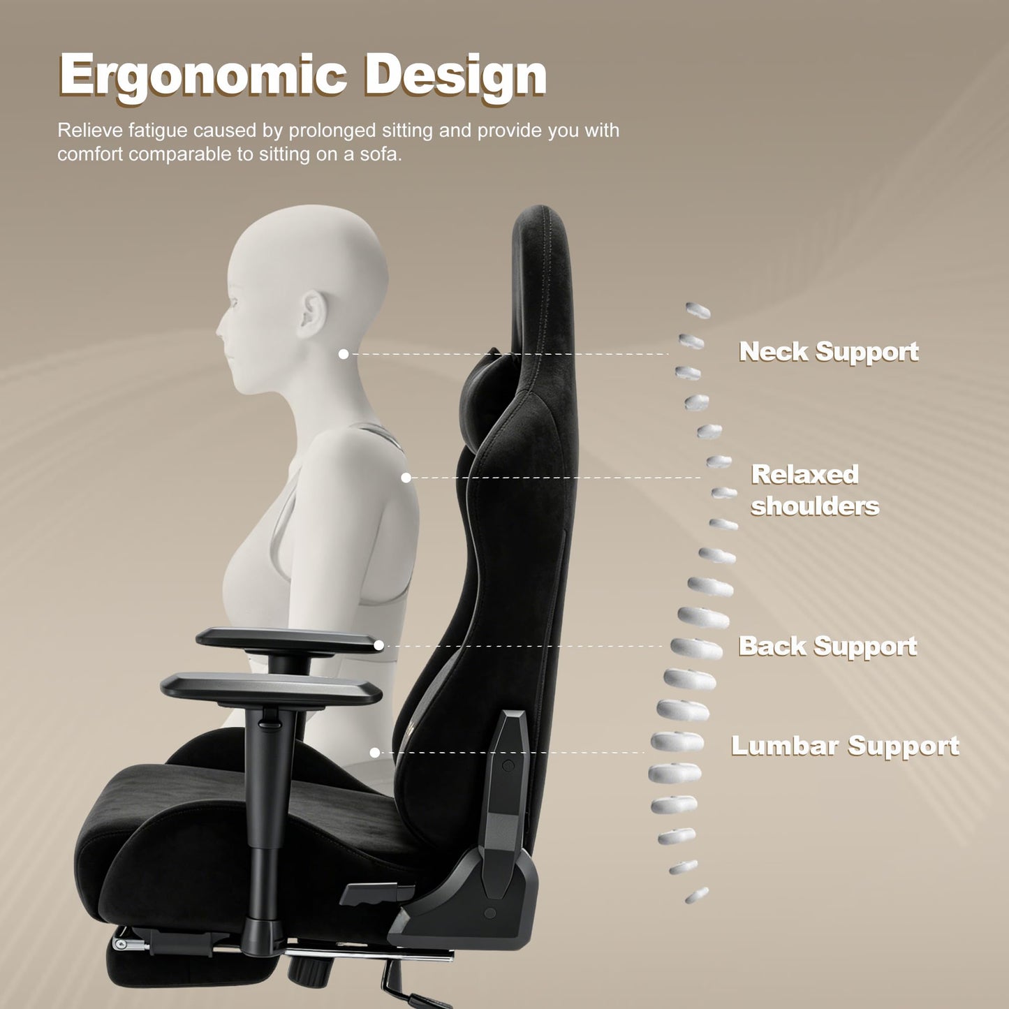 Symino Gaming Chair, Ergonomic Office Chair with 2D Armrests, 150° Recline, Breathable Faux Suede Fabric, Adjustable Headrest, Computer Desk Chair for Home Office, with Footrest, Black