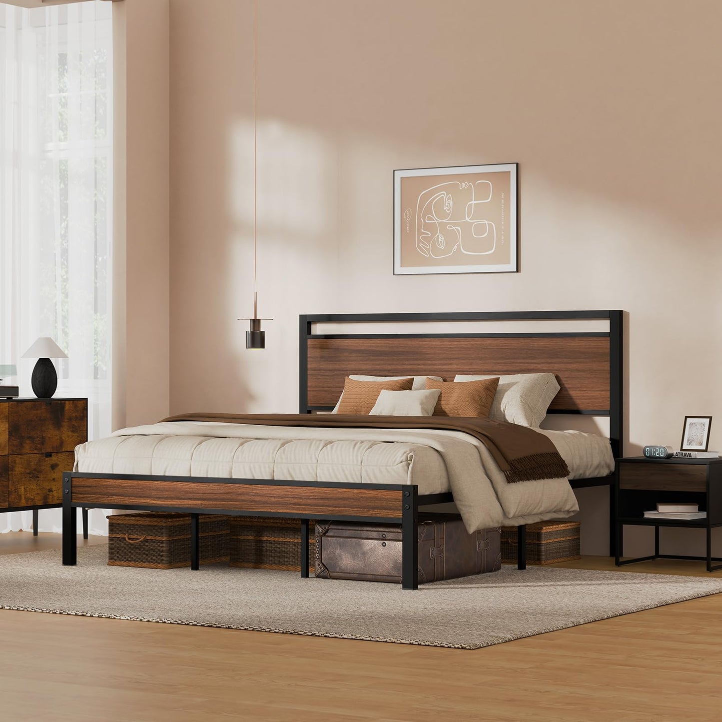 Z-hom King Metal Bed Frame with Wooden Headboard and Footboard, Heavy Duty Platform Frame with Metal Slats, No Box Spring Needed, Quiet and Non-Slip Design, Space Saving Bed Frame for Bedroom,Walnut
