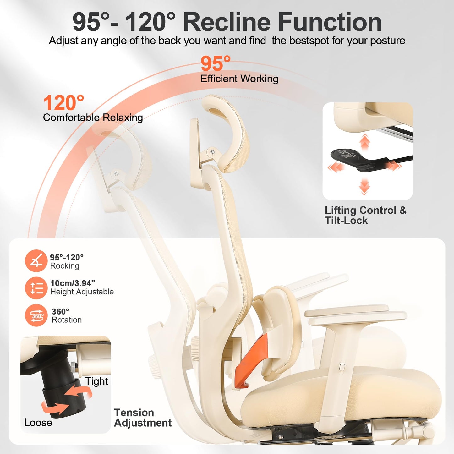 Ergonomic Office Chair with Footrest, Mesh Desk Chair with Adjustable Headrest & Armrests & Dynamic Floating Wing Lumbar Support, High Back Computer Chair for Home Office, BIFMA Certified, Beige