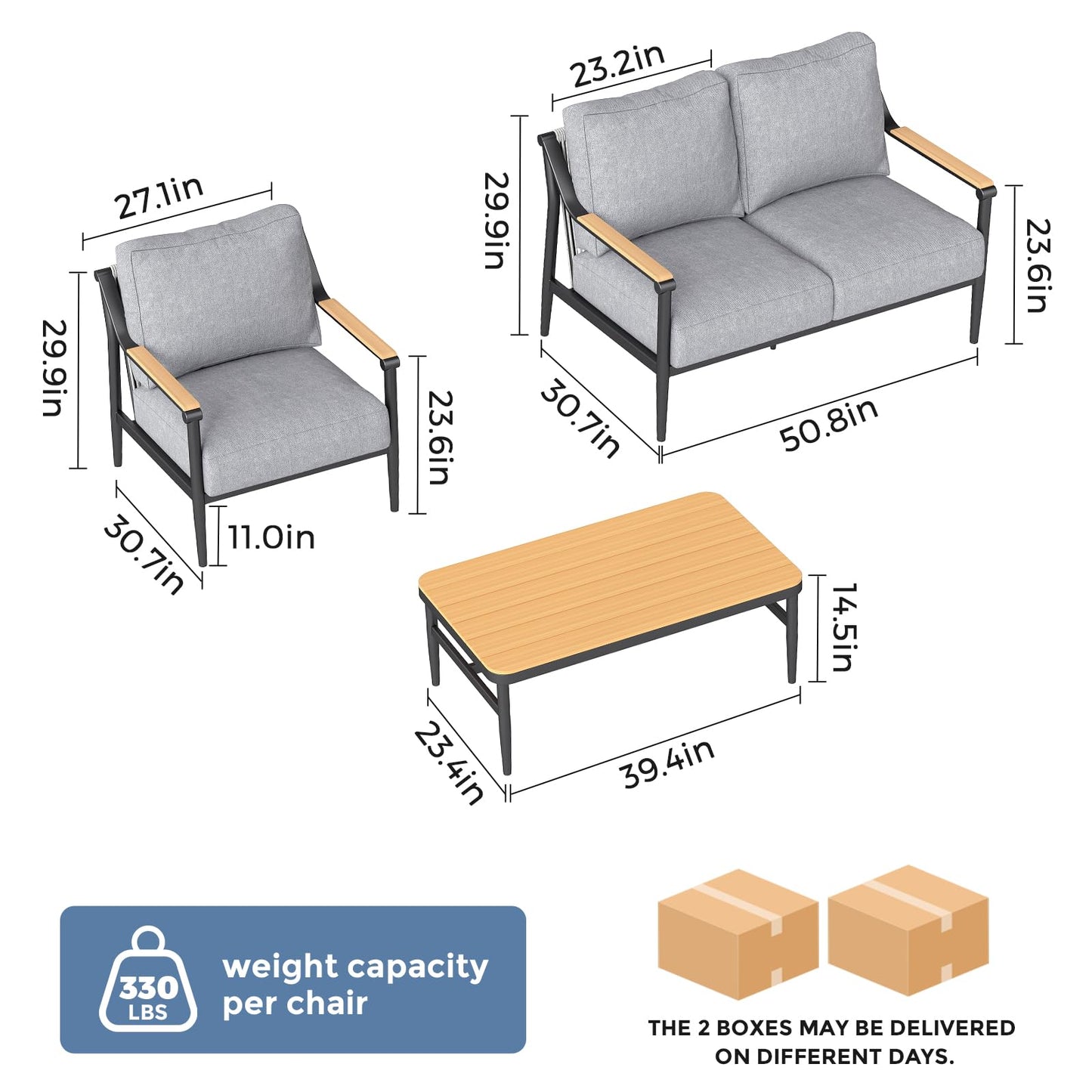 Jocoevol 4 Pieces Outdoor Sofa Conversation Set, 4 Seats Couch Set with Table, Metal Frame Rope Weaving Design UV Resistance Waterproof for Patio Garden Balcony, Grey