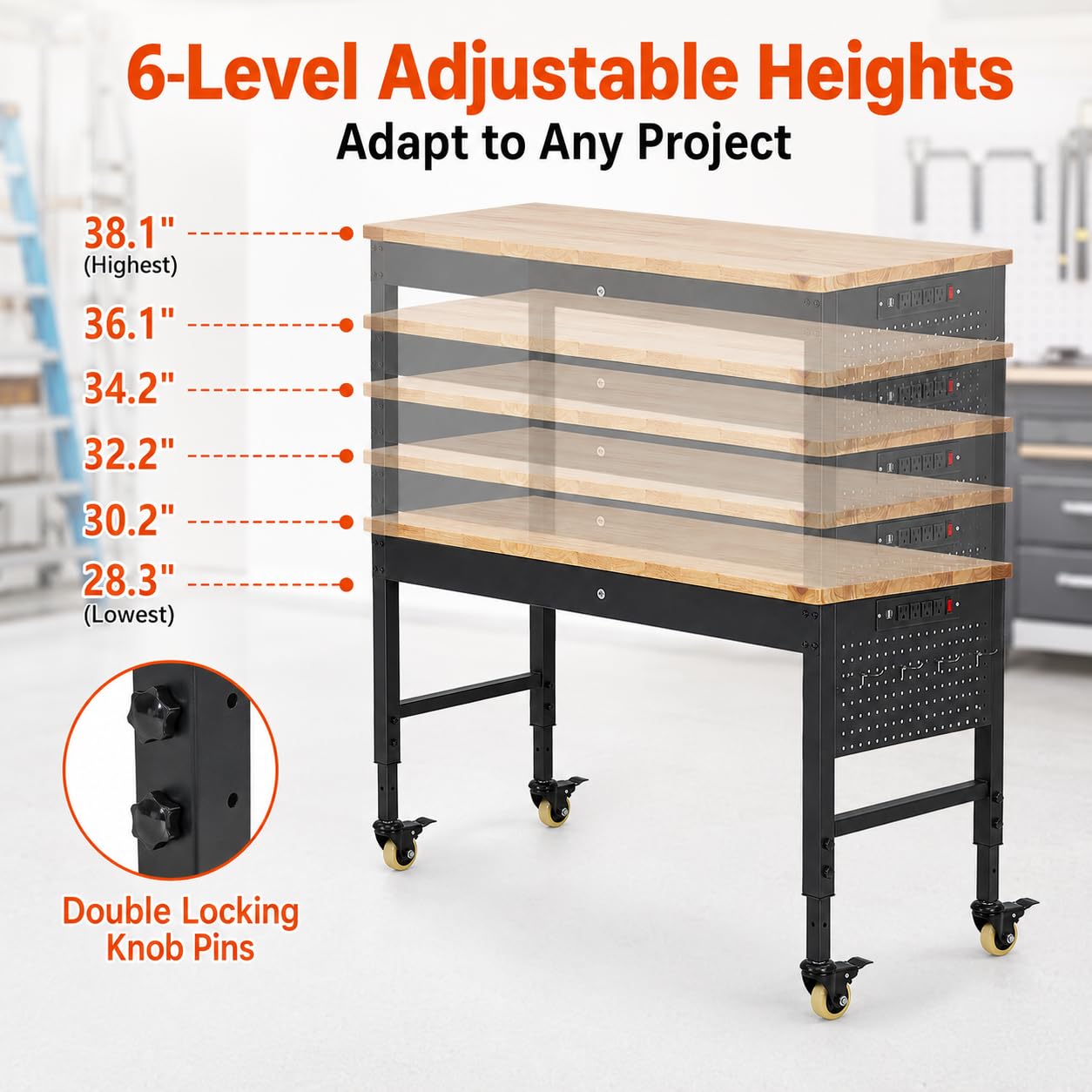 60"x22"x1.2" Heavy Duty Adjustable Workbench with Rubber Wood Top, 9 ft Power Strip, 2000 LBS Load Capacity, Lockable Wheels, ETL Certified, Black Garage & Office Table